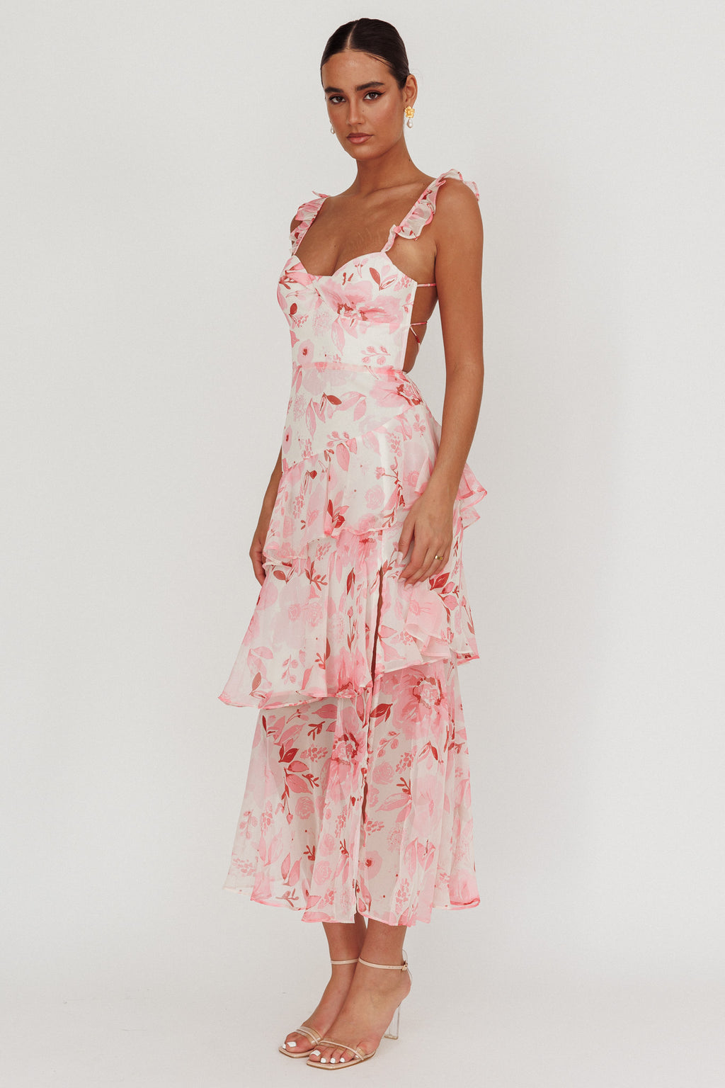 Veda Strappy Back Ruffle Maxi Dress Flowers Blush by Selfie Leslie Australia