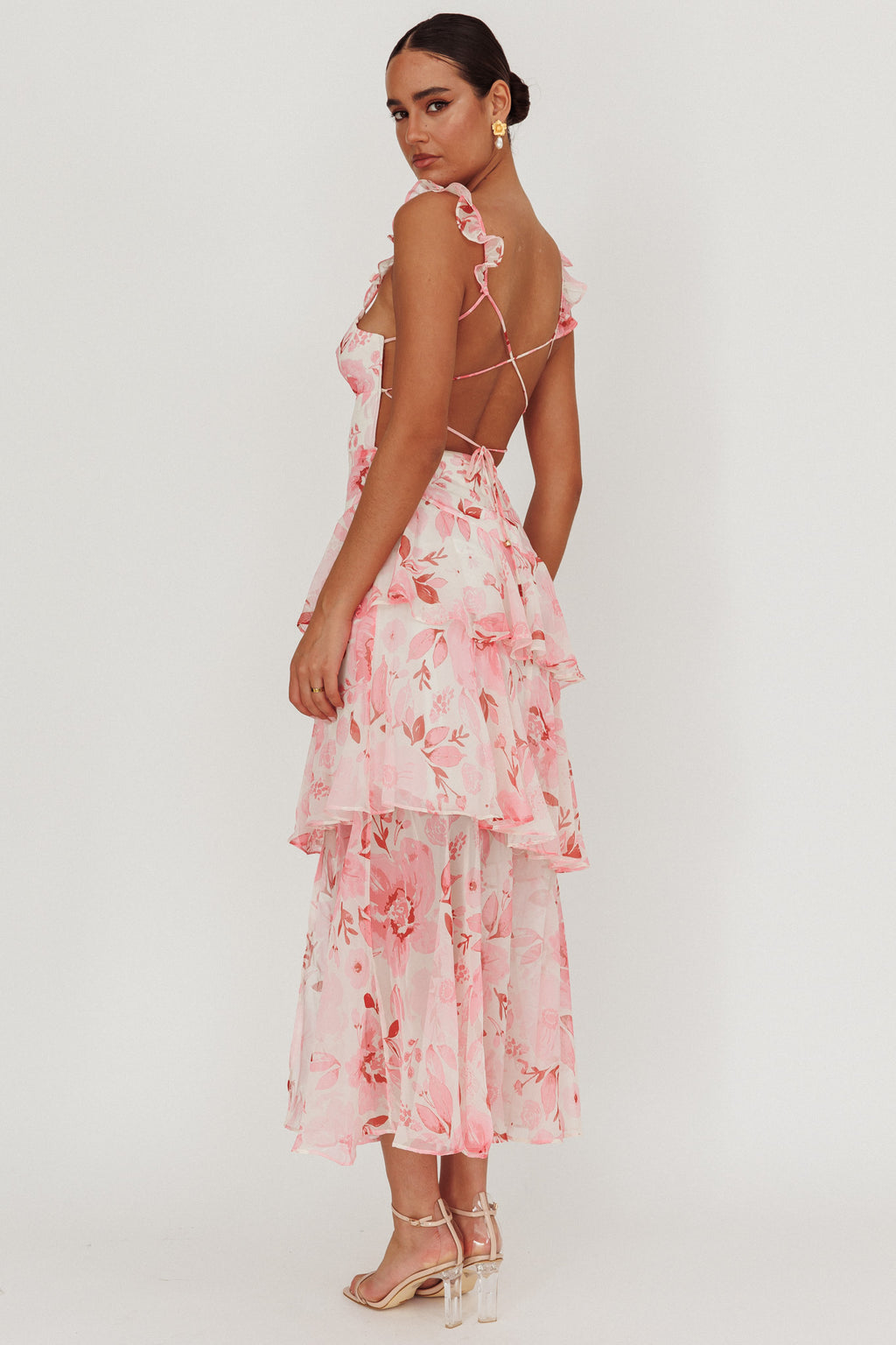 Veda Strappy Back Ruffle Maxi Dress Flowers Blush by Selfie Leslie Australia