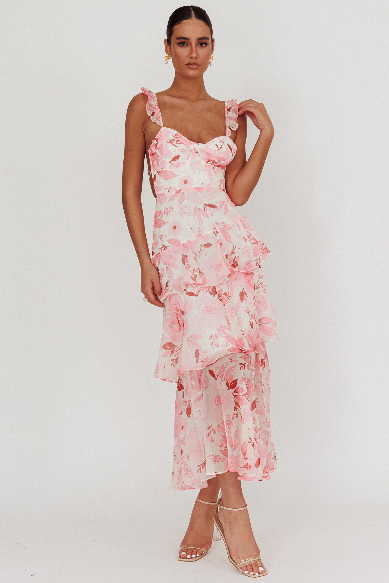Veda Strappy Back Ruffle Maxi Dress Flowers Blush by Selfie Leslie Australia