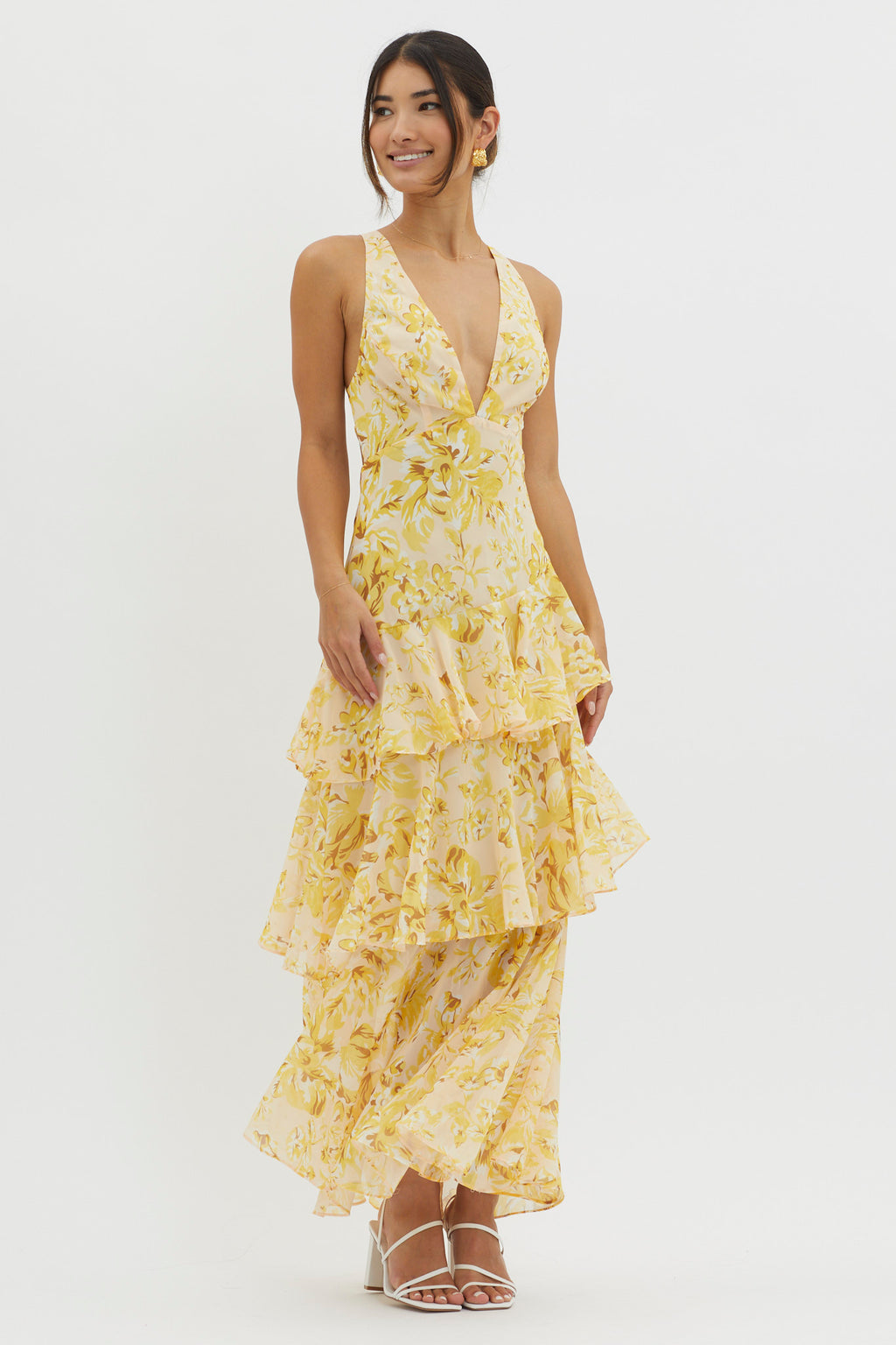 Veda Strappy Back Ruffle Midi Dress Floral Yellow by Selfie Leslie Australia