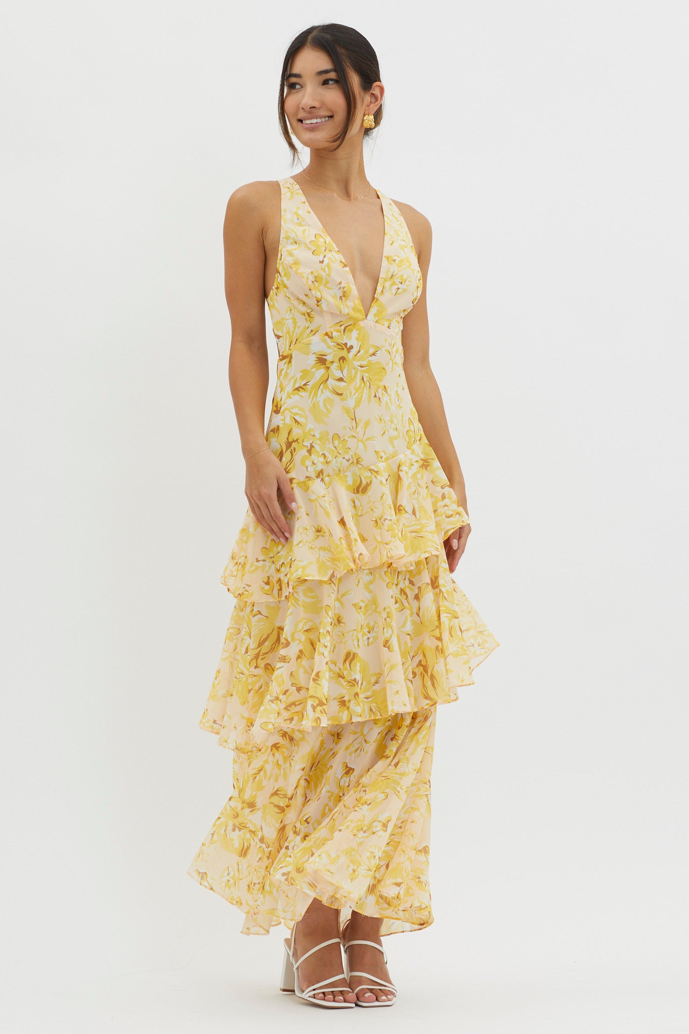 Veda Strappy Back Ruffle Midi Dress Floral Yellow by Selfie Leslie Australia