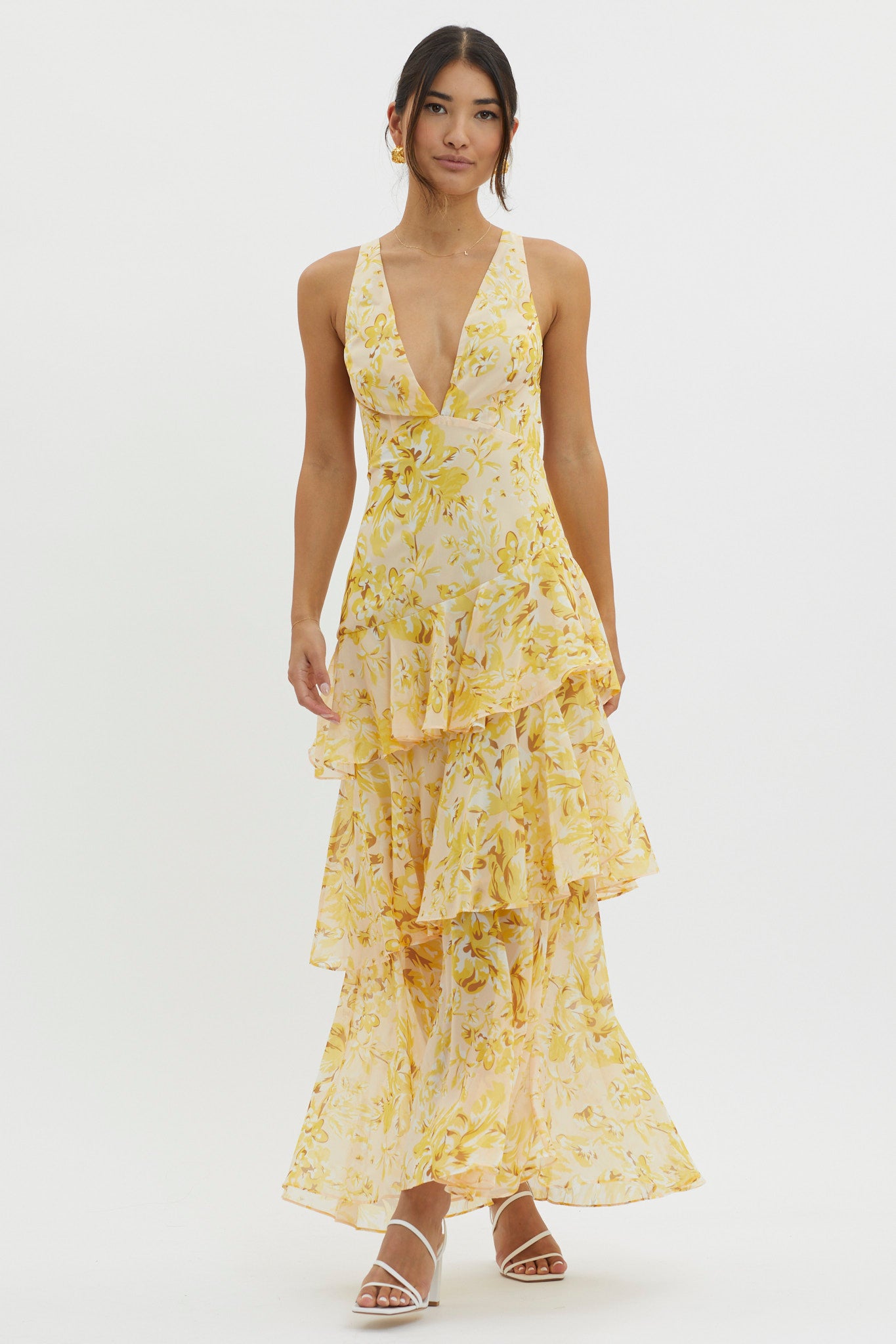 Veda Strappy Back Ruffle Midi Dress Floral Yellow by Selfie Leslie Australia
