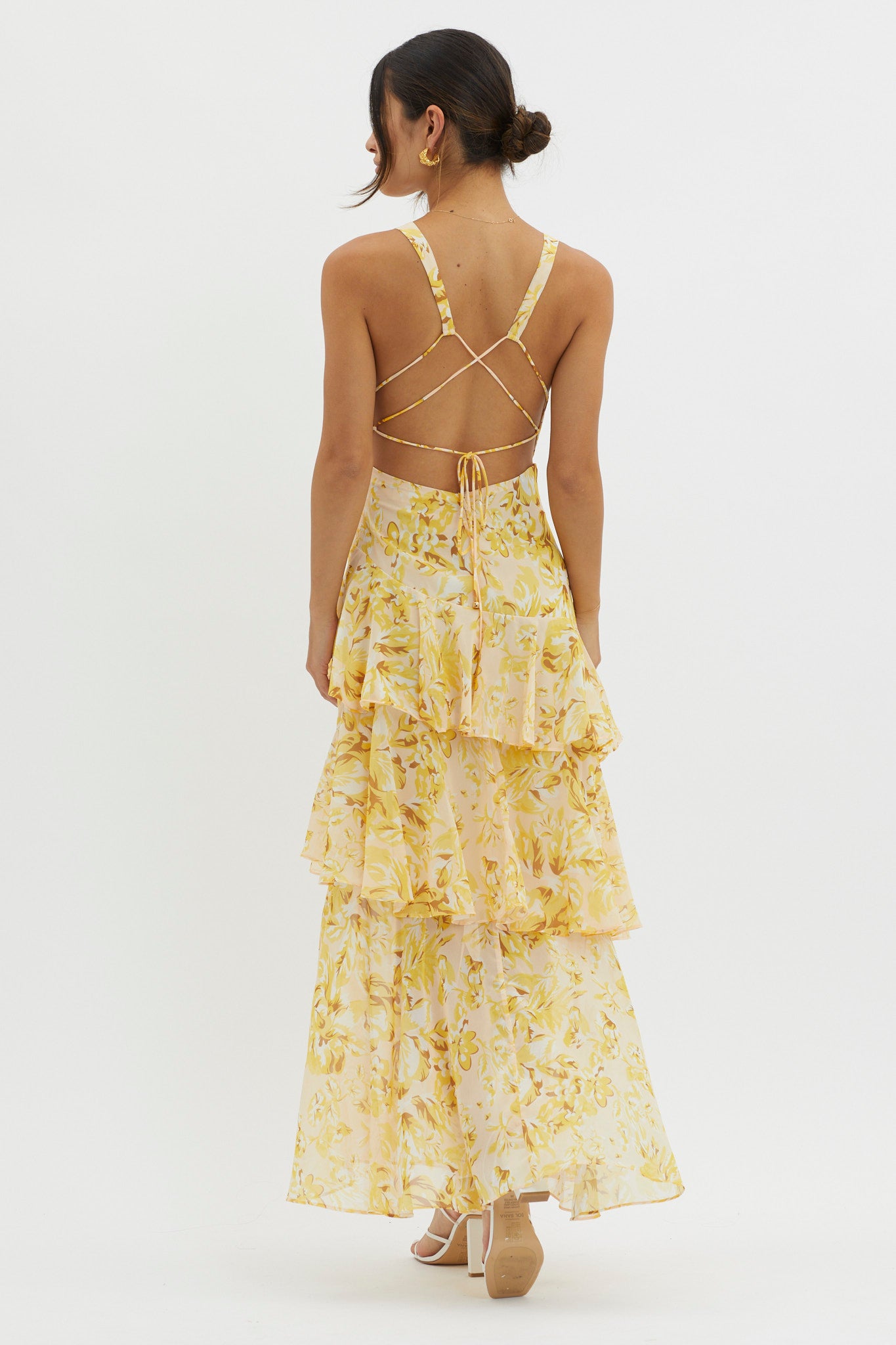 Veda Strappy Back Ruffle Midi Dress Floral Yellow by Selfie Leslie Australia