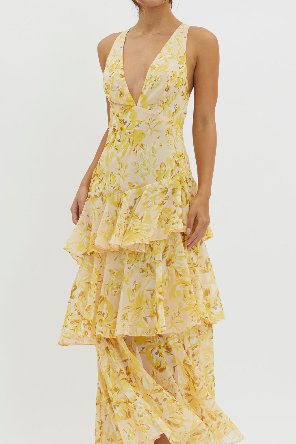 veda strappy back ruffle midi dress floral Veda Strappy Back Ruffle Midi Dress Floral Yellow