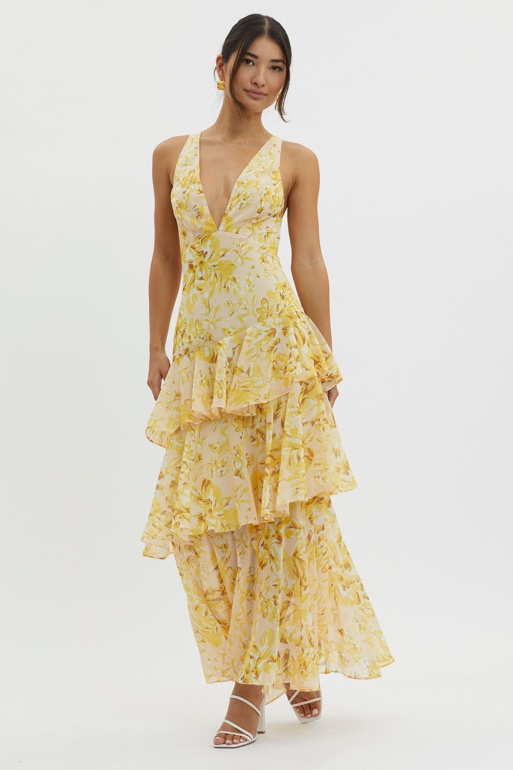 Veda Strappy Back Ruffle Midi Dress Floral Yellow by Selfie Leslie Australia