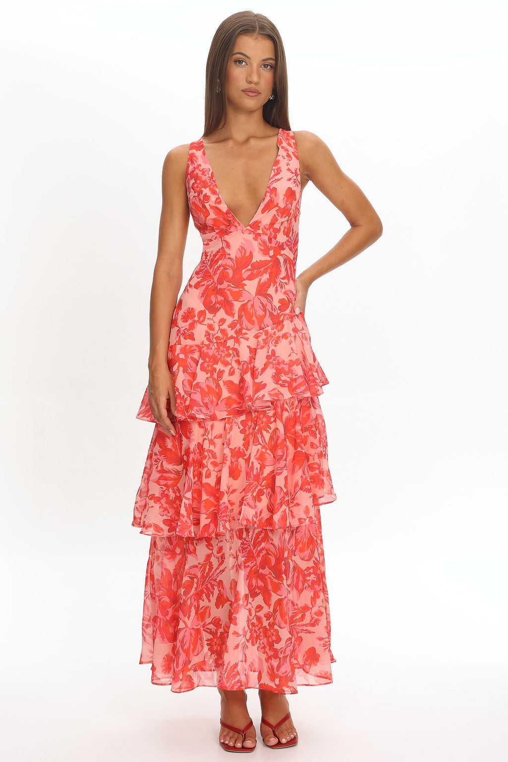 Veda Strappy Back Ruffle Midi Dress Floral Red by Selfie Leslie Australia