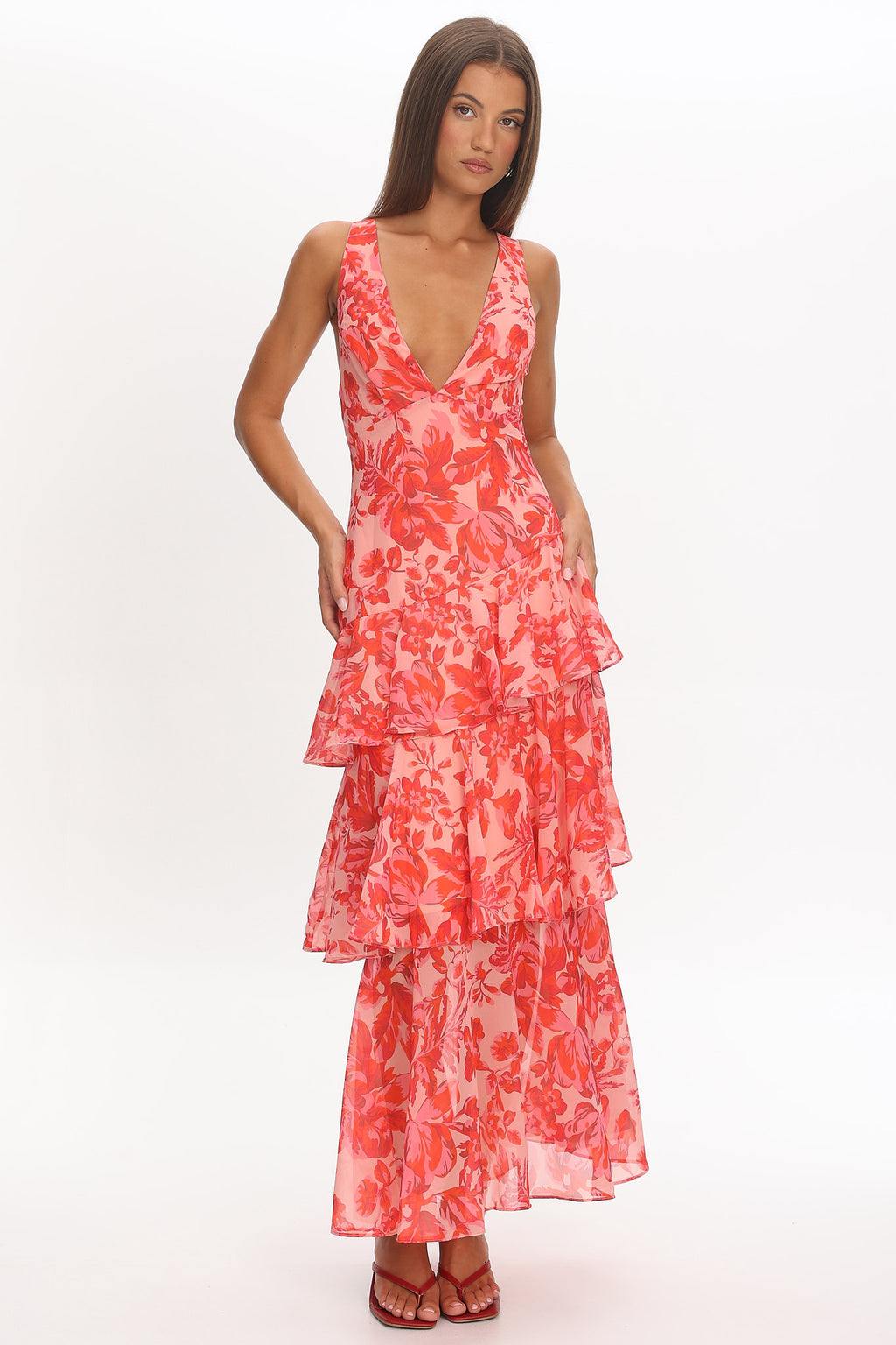 Veda Strappy Back Ruffle Midi Dress Floral Red by Selfie Leslie Australia