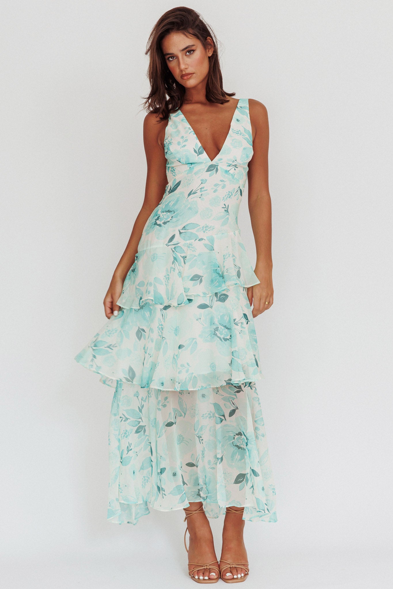 Veda Strappy Back Ruffle Maxi Dress Floral Green by Selfie Leslie Australia
