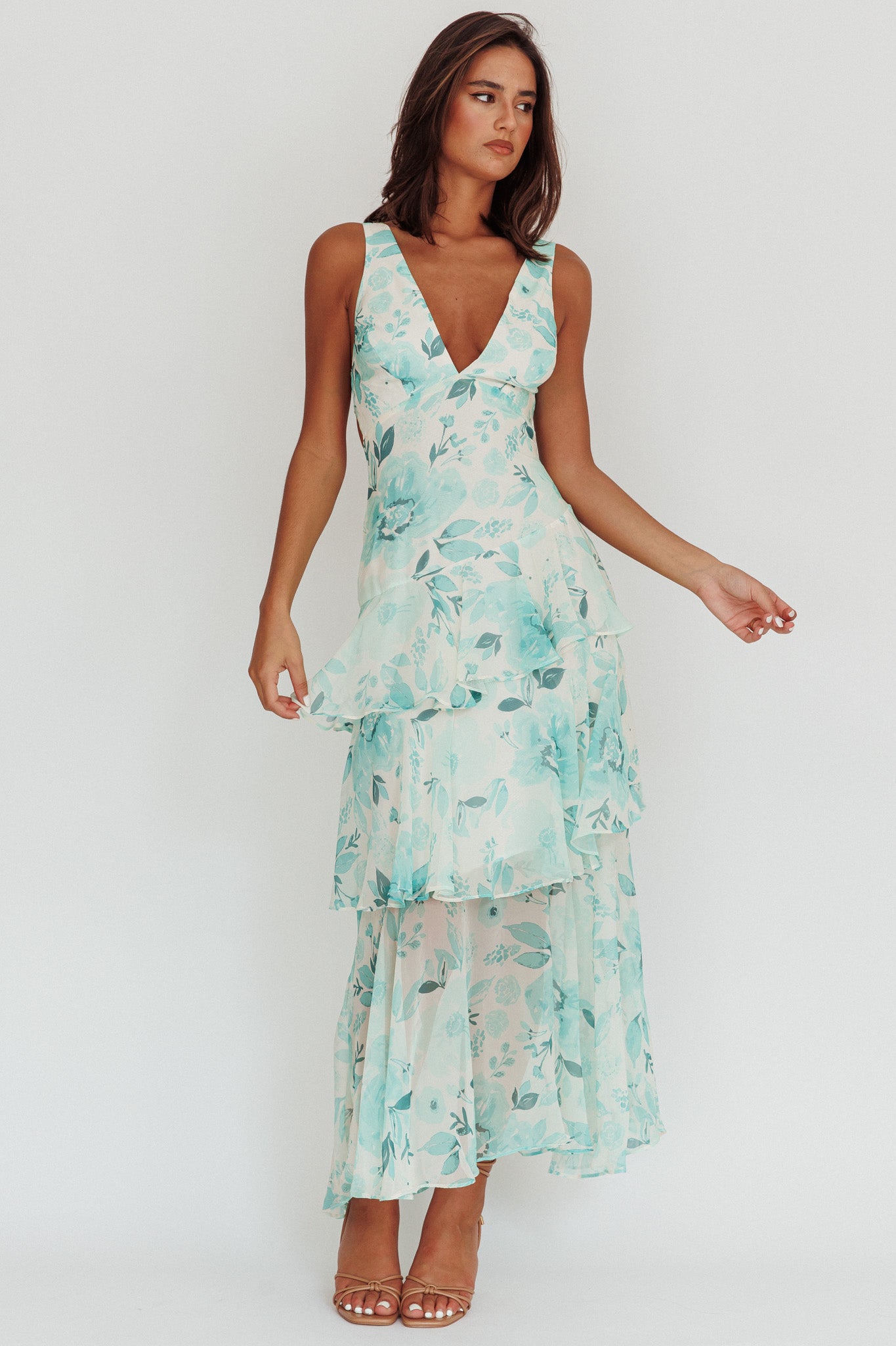 Veda Strappy Back Ruffle Maxi Dress Floral Green by Selfie Leslie Australia