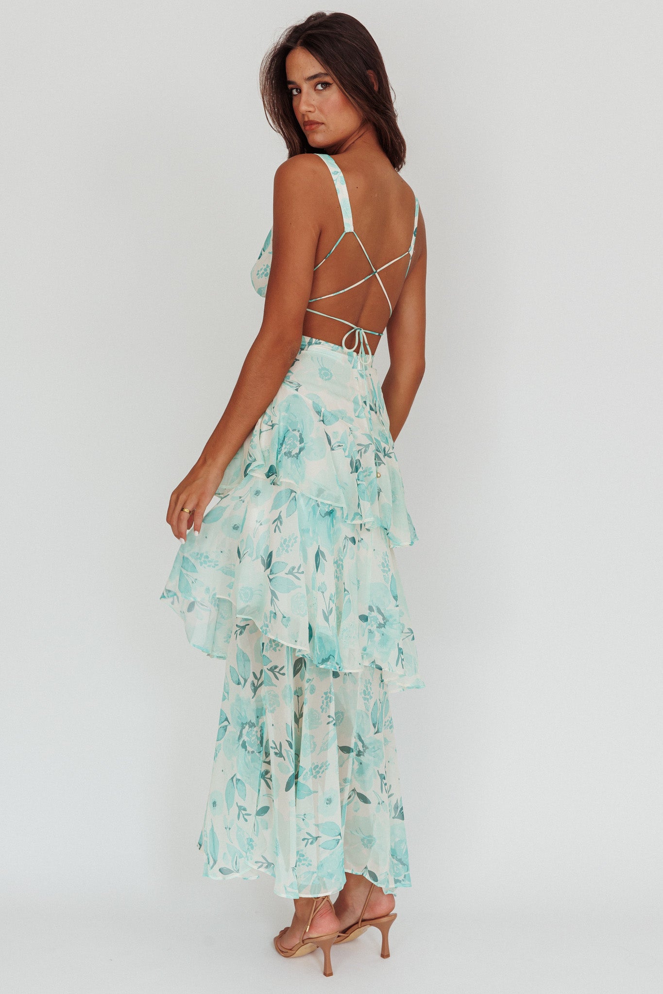 Veda Strappy Back Ruffle Maxi Dress Floral Green by Selfie Leslie Australia
