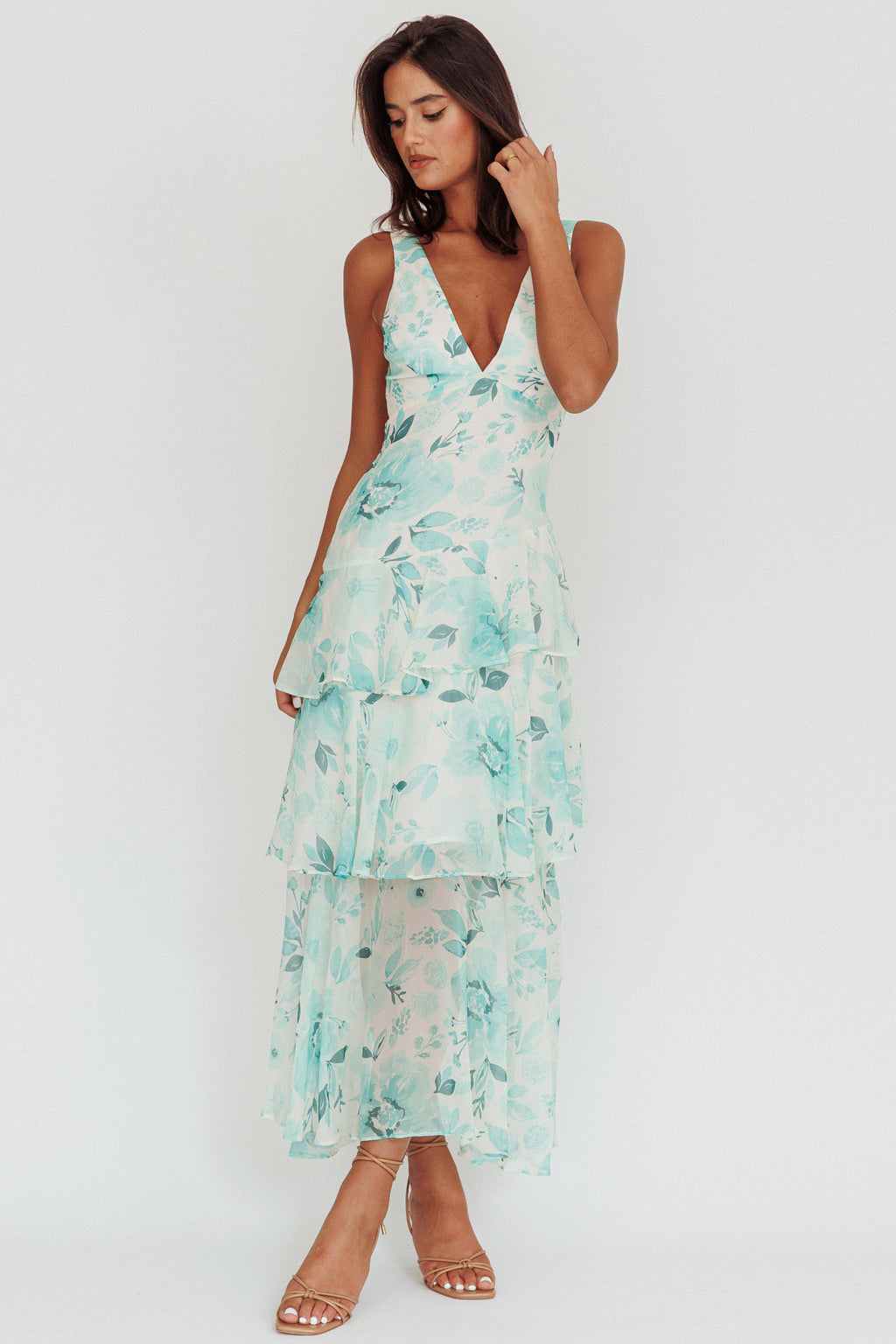 Veda Strappy Back Ruffle Maxi Dress Floral Green by Selfie Leslie Australia