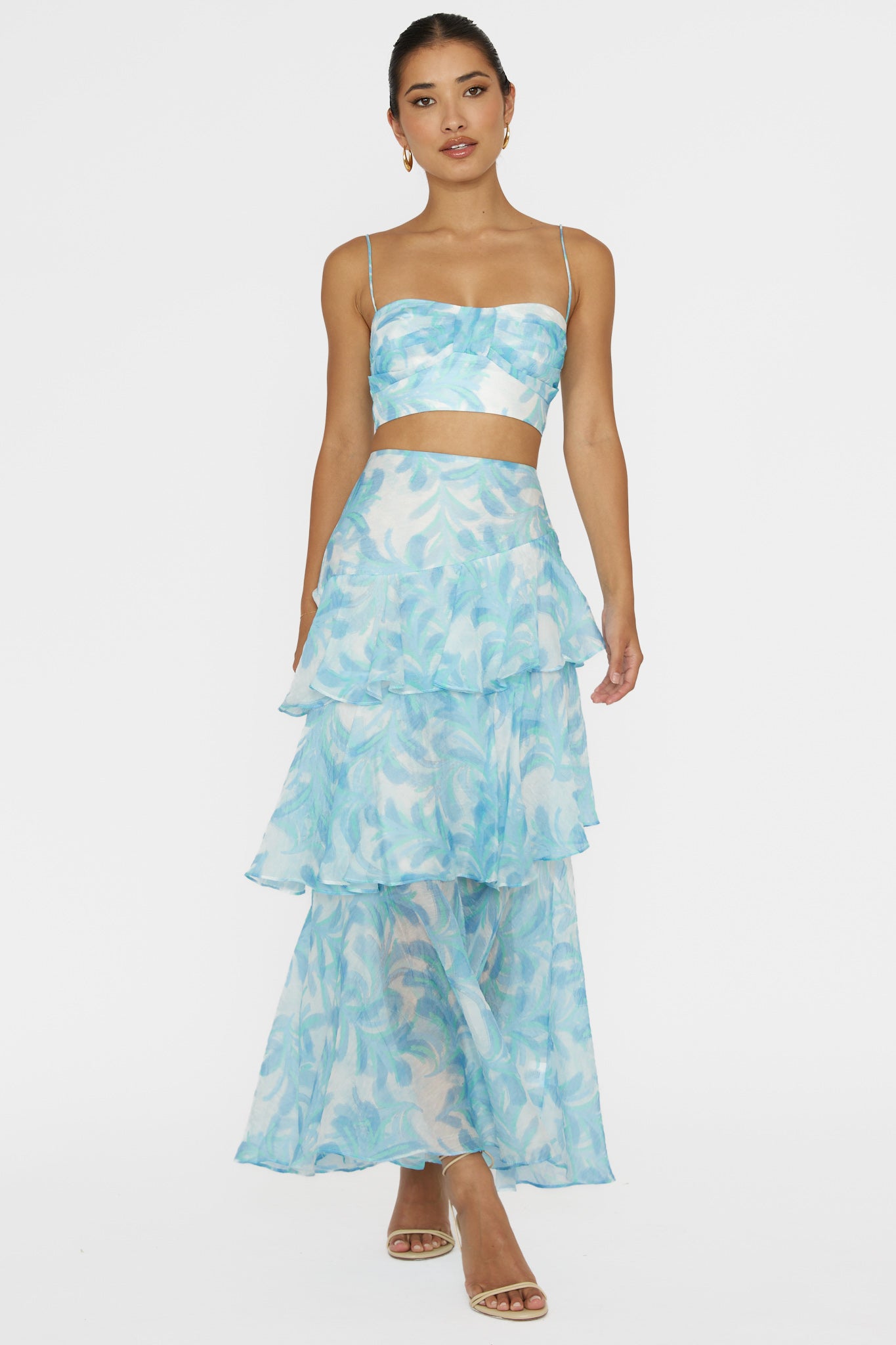 Shop the Veda Tiered Ruffle Maxi Skirt Floral Blue