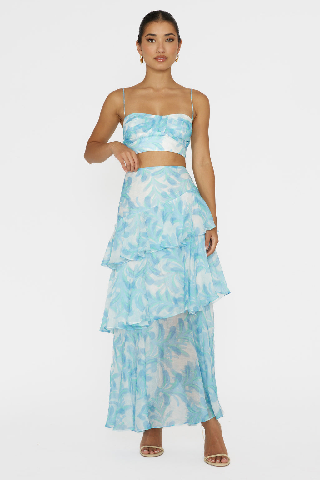 Veda Tiered Ruffle Maxi Skirt Floral Blue by Selfie Leslie Australia