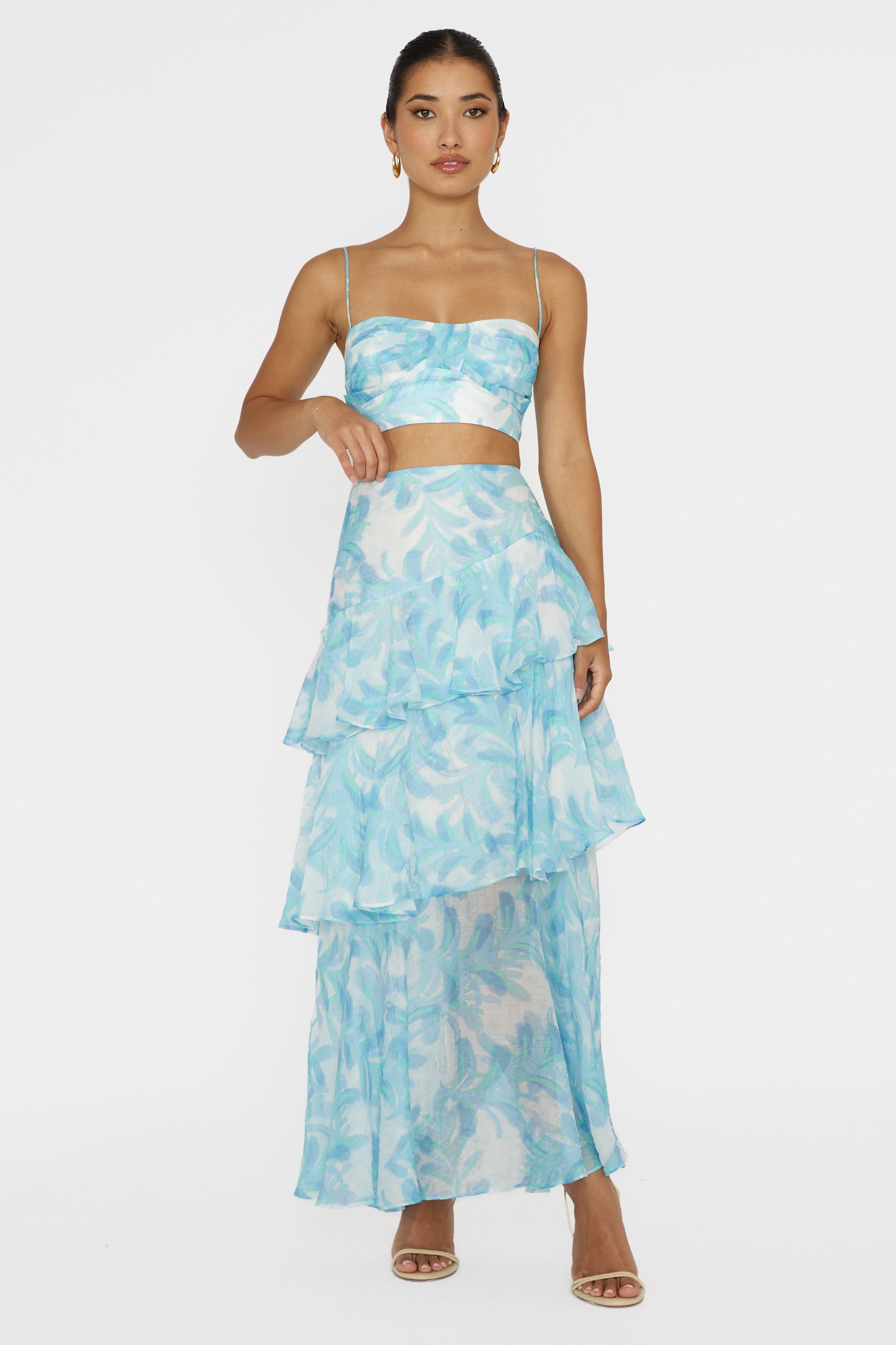 Veda Tiered Ruffle Maxi Skirt Floral Blue by Selfie Leslie Australia