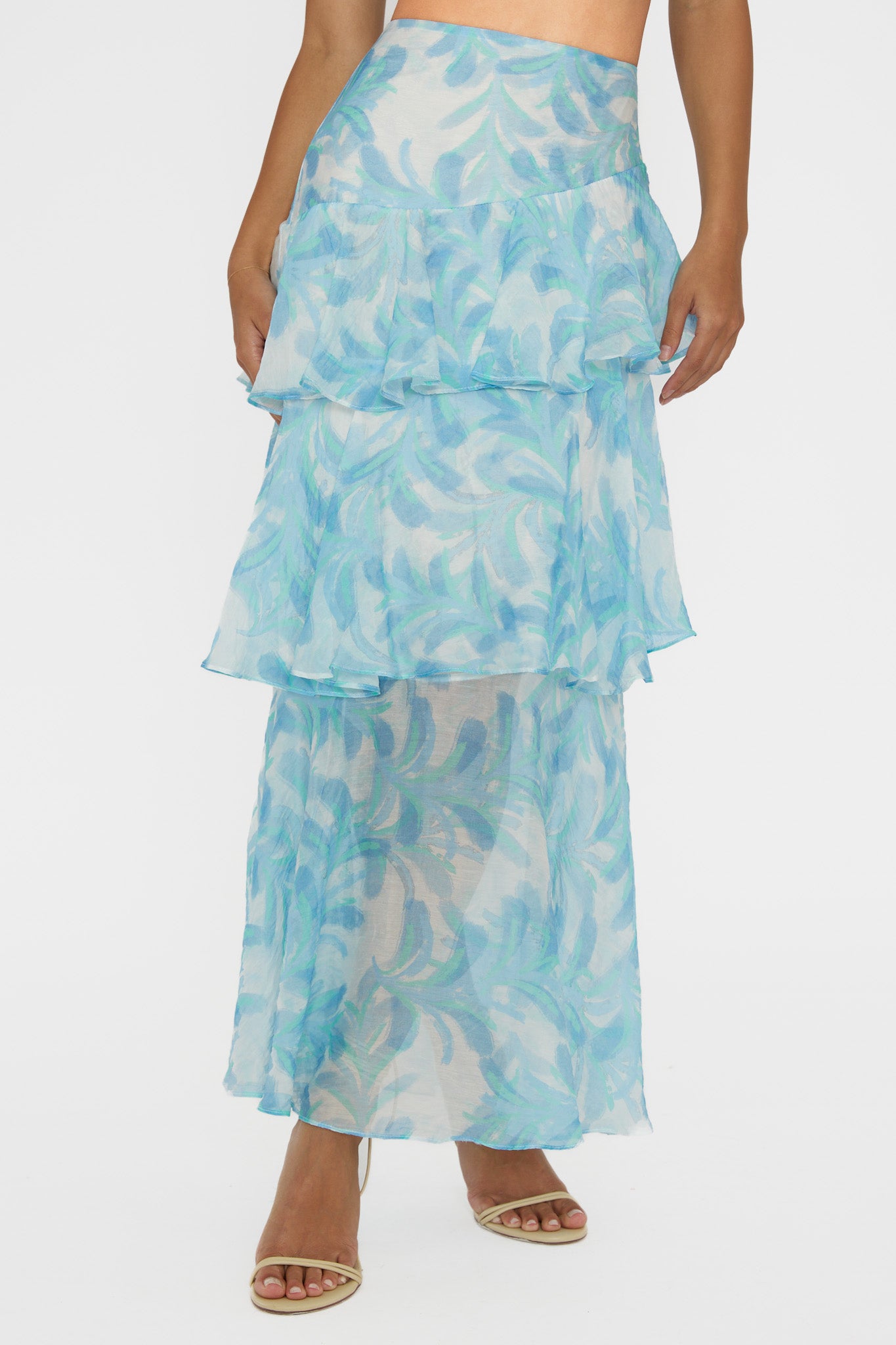 Veda Tiered Ruffle Maxi Skirt Floral Blue by Selfie Leslie Australia