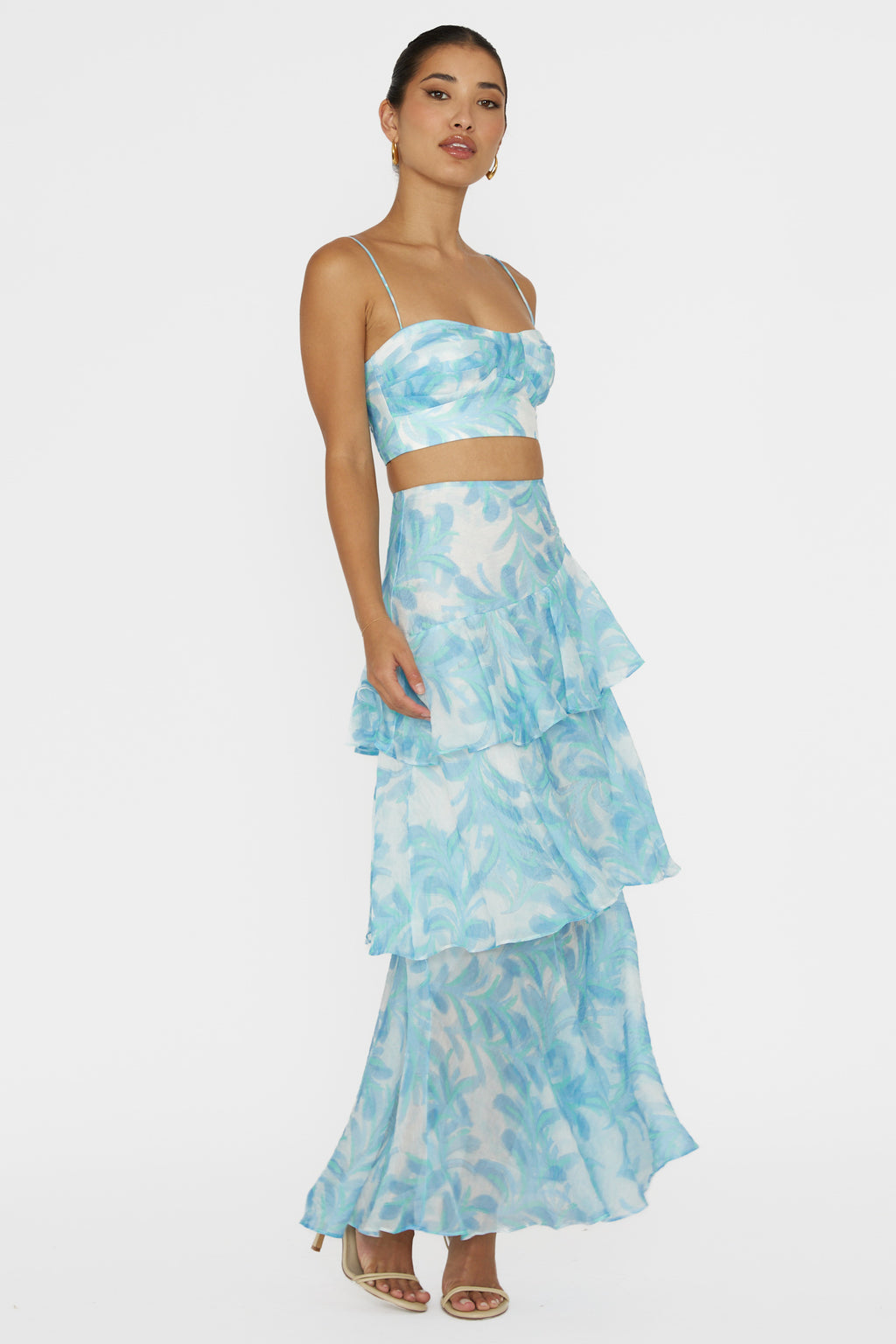 Veda Tiered Ruffle Maxi Skirt Floral Blue by Selfie Leslie Australia
