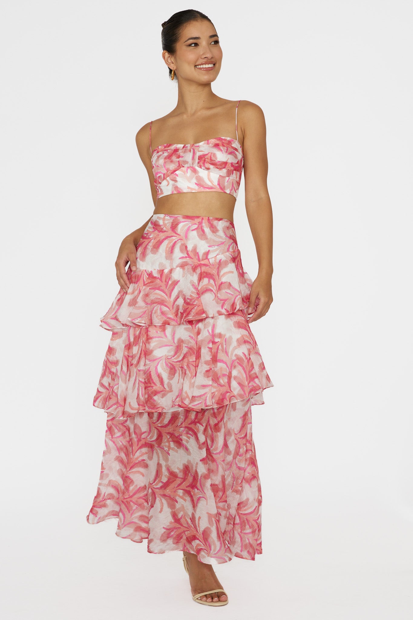 Shop the Veda Tiered Ruffle Maxi Skirt Floral Pink