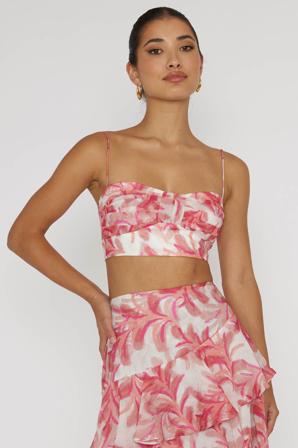 Veda Pleat Crop Top Floral Pink by Selfie Leslie Australia