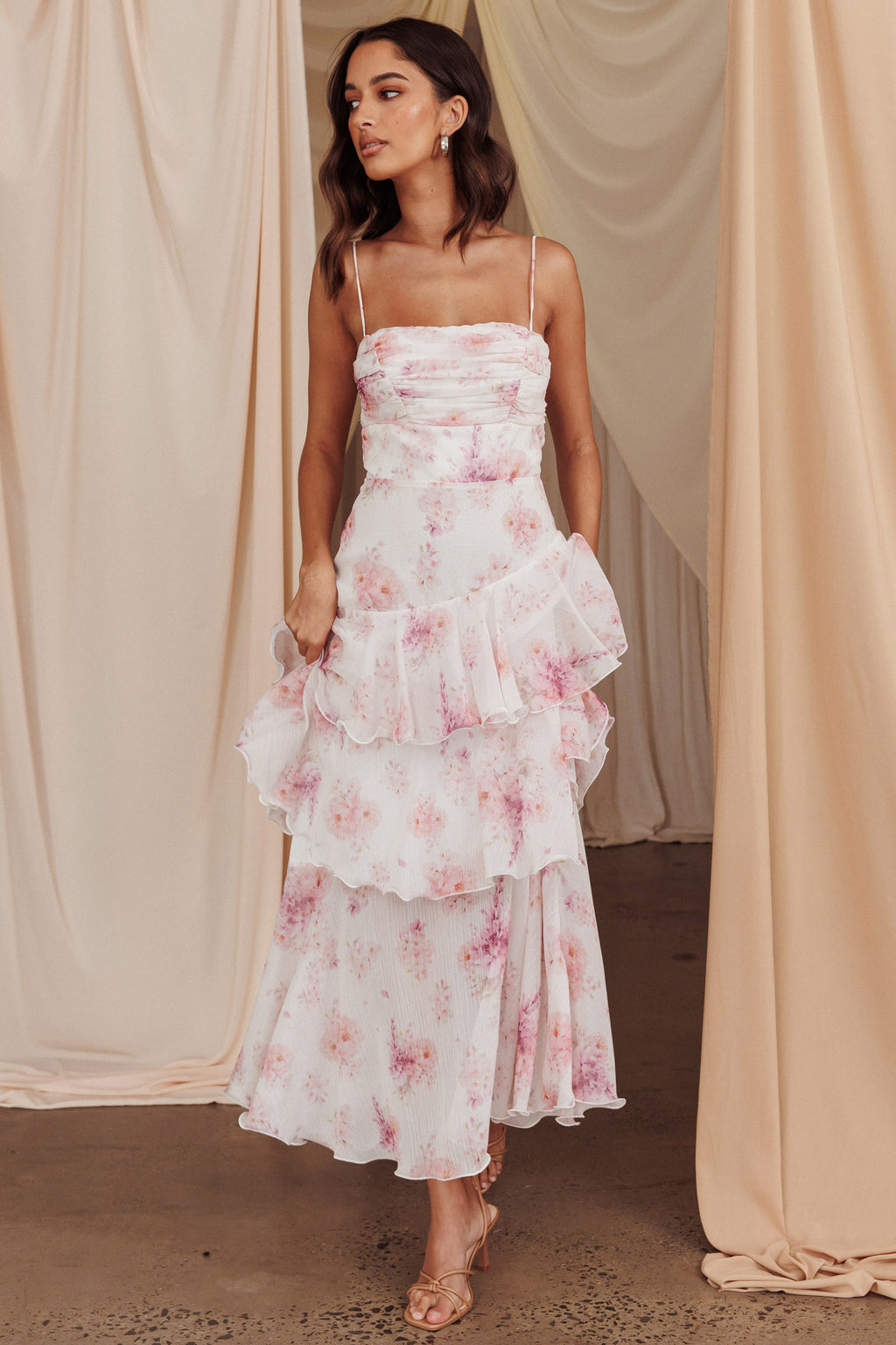 Veda Tiered Layer Midi Dress Floral Blush by Selfie Leslie Australia