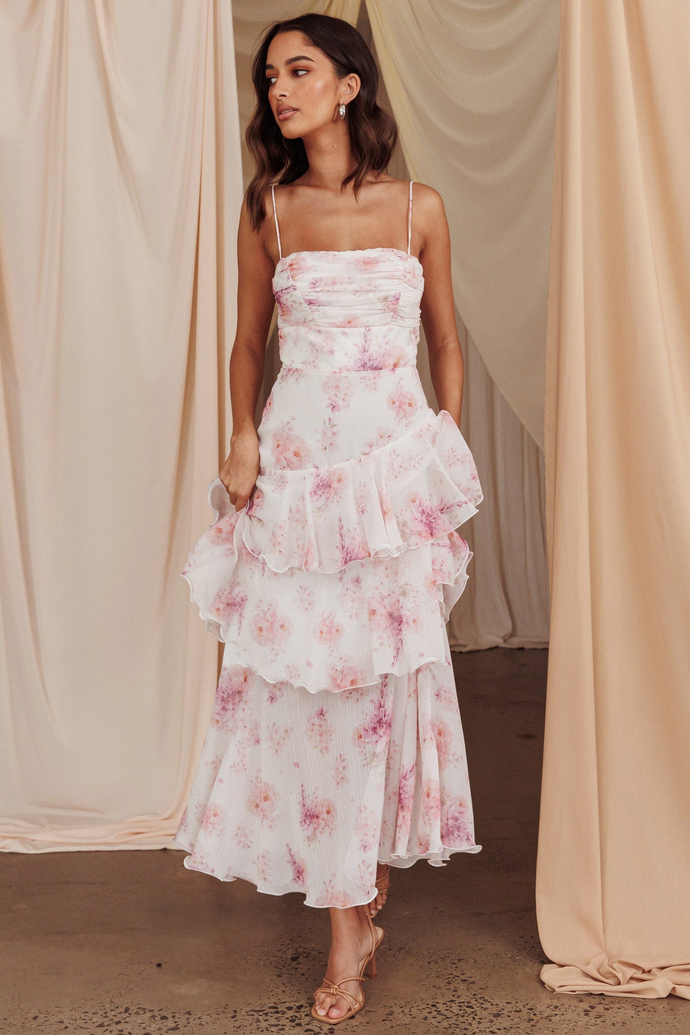 Veda Tiered Layer Midi Dress Floral Blush by Selfie Leslie Australia