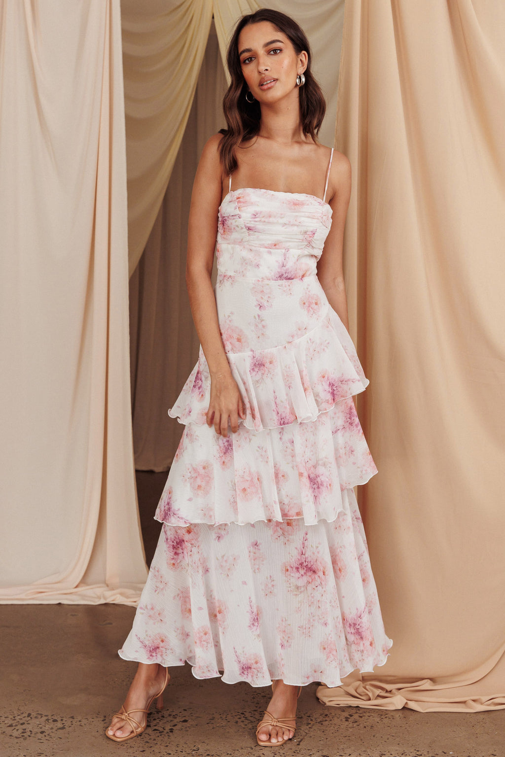 Veda Tiered Layer Midi Dress Floral Blush by Selfie Leslie Australia