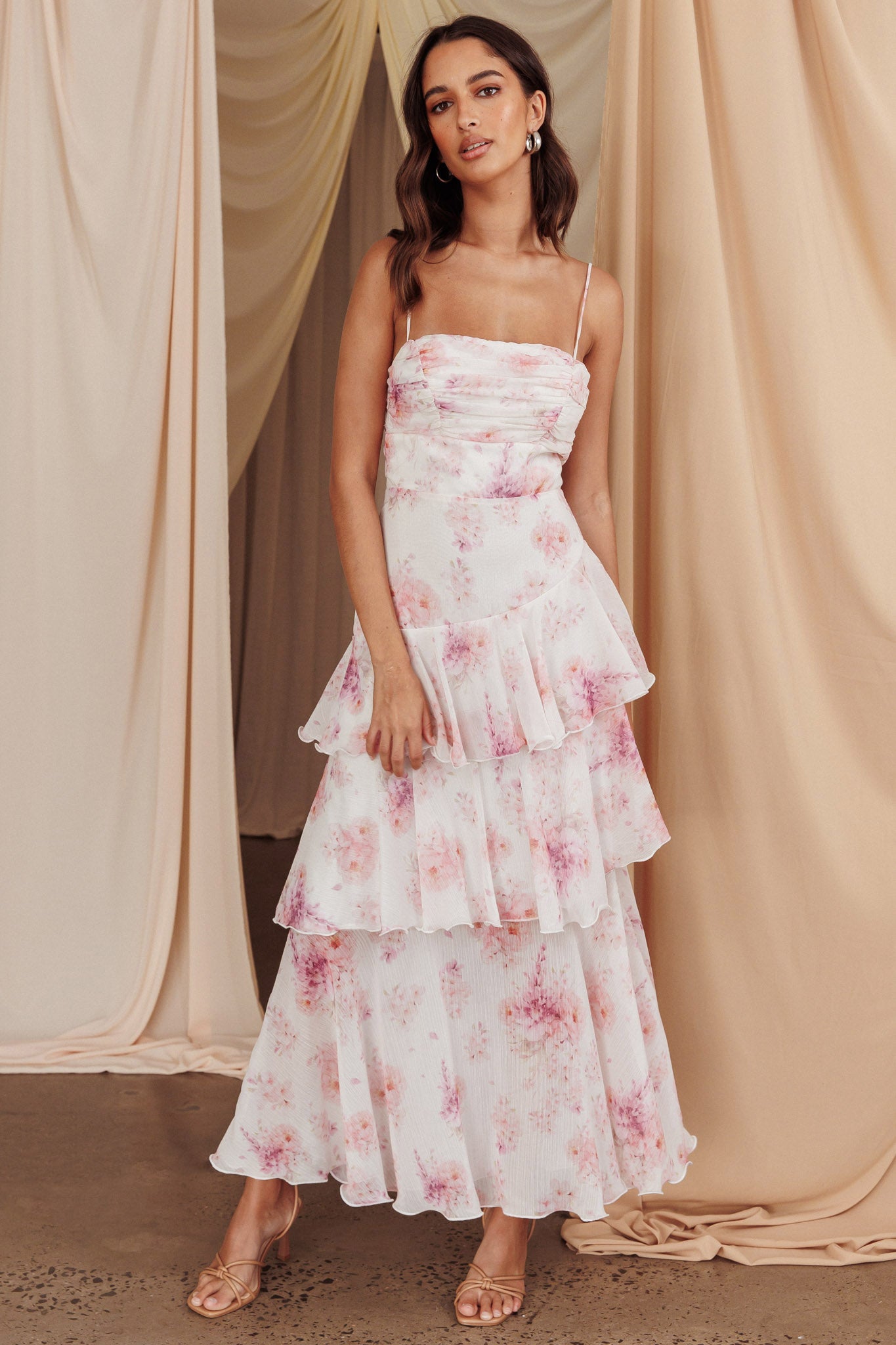 Veda Tiered Layer Midi Dress Floral Blush by Selfie Leslie Australia