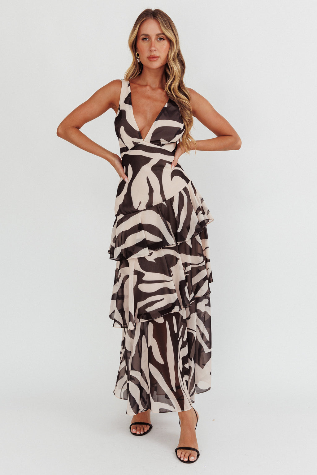 Veda Strappy Back Ruffle Maxi Dress Print Black by Selfie Leslie Australia