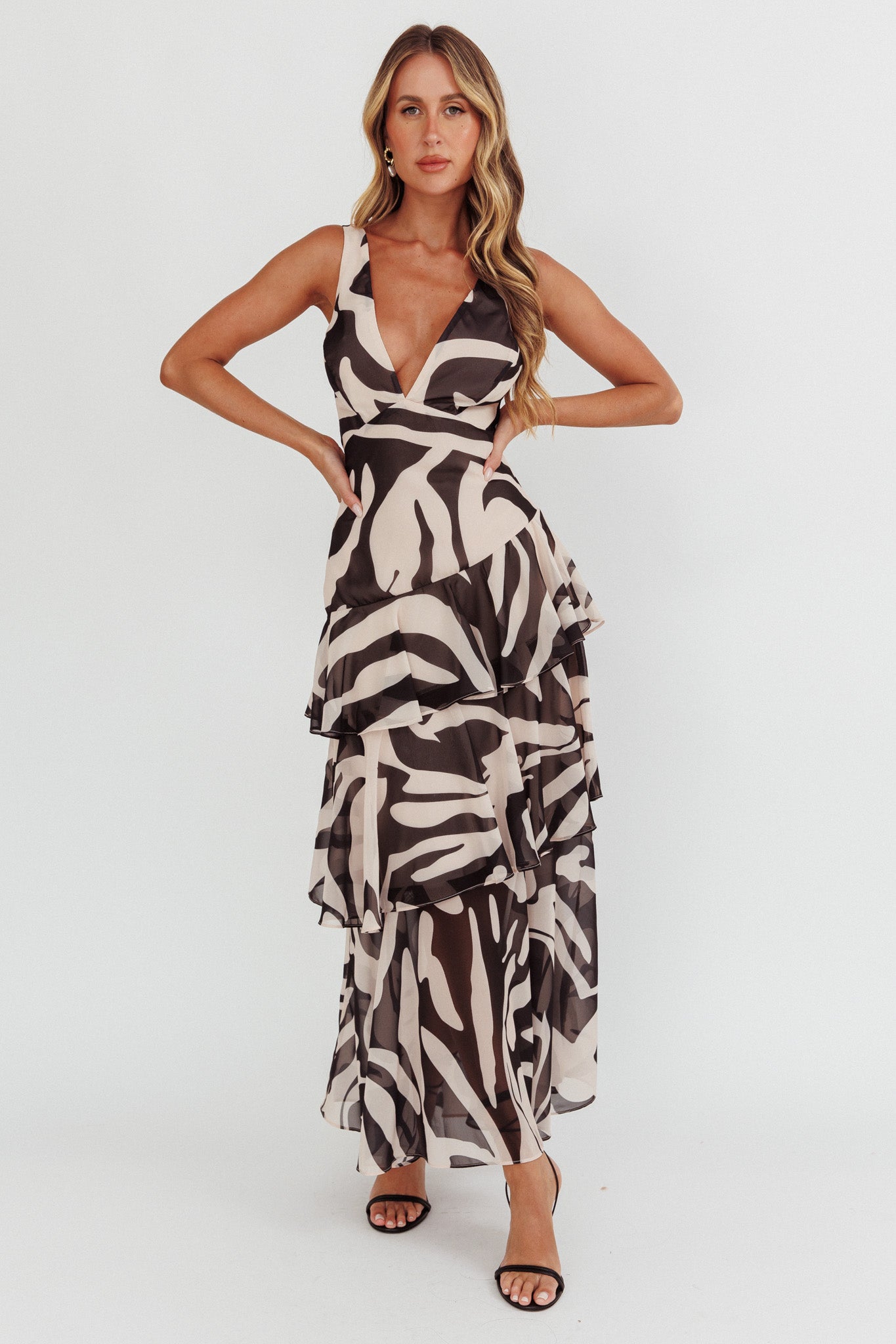 Veda Strappy Back Ruffle Maxi Dress Print Black by Selfie Leslie Australia