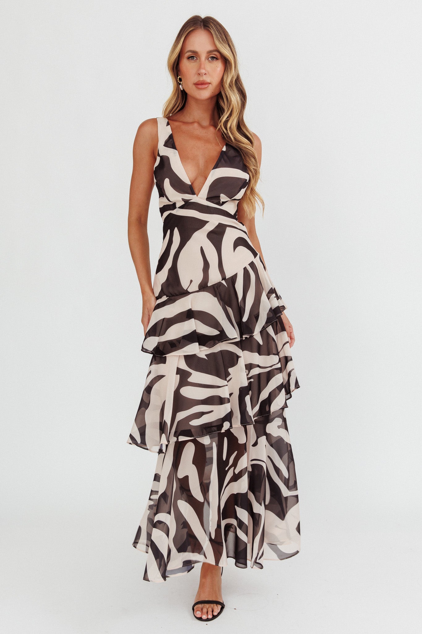 Veda Strappy Back Ruffle Maxi Dress Print Black by Selfie Leslie Australia