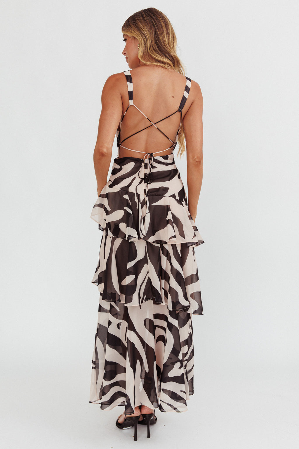 Veda Strappy Back Ruffle Maxi Dress Print Black by Selfie Leslie Australia