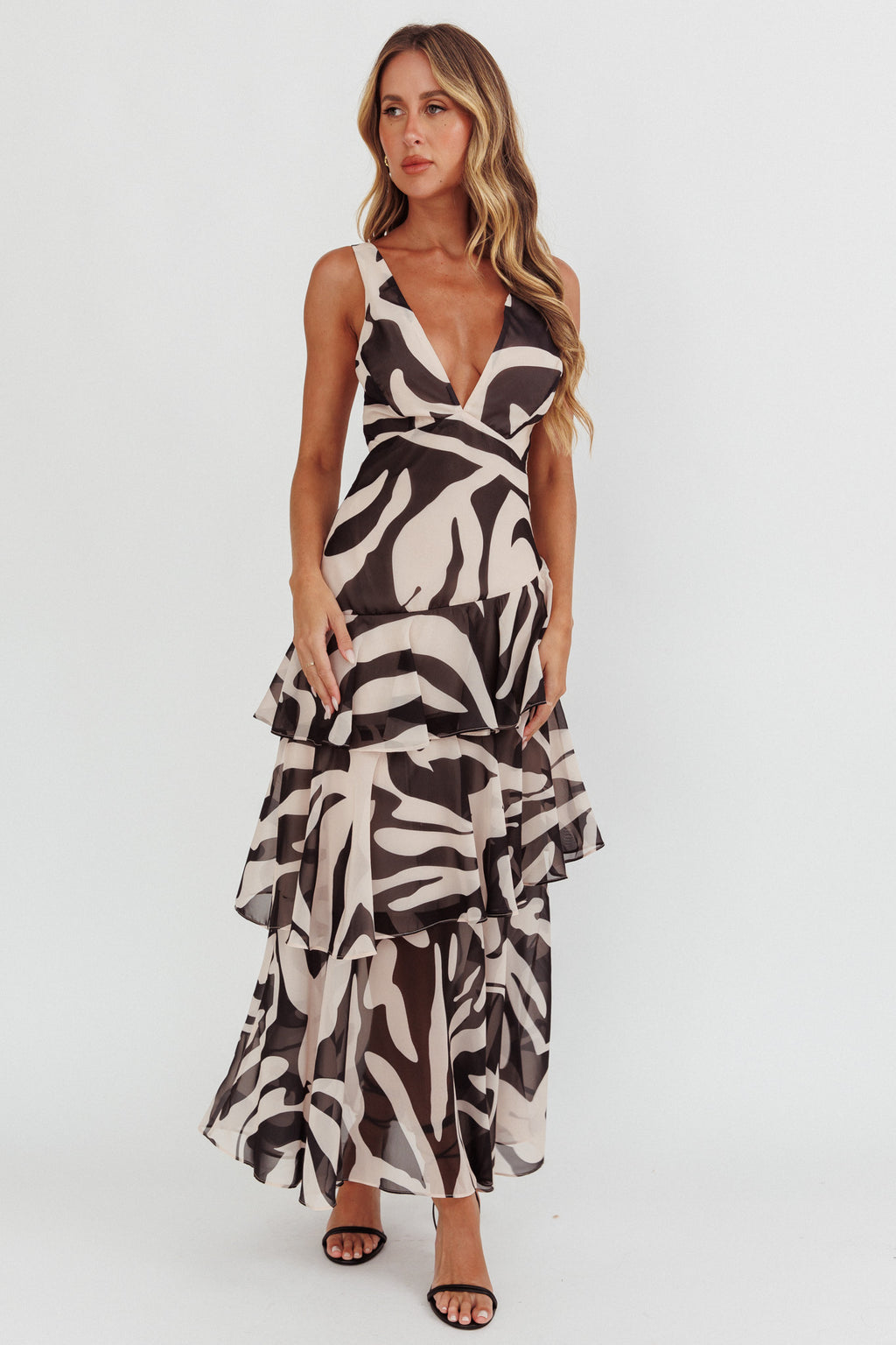 Veda Strappy Back Ruffle Maxi Dress Print Black by Selfie Leslie Australia
