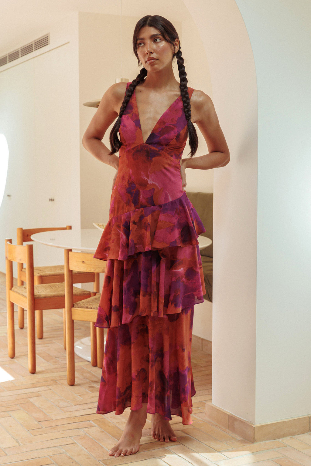 Veda Strappy Back Ruffle Midi Dress Dark Rose by Selfie Leslie Australia