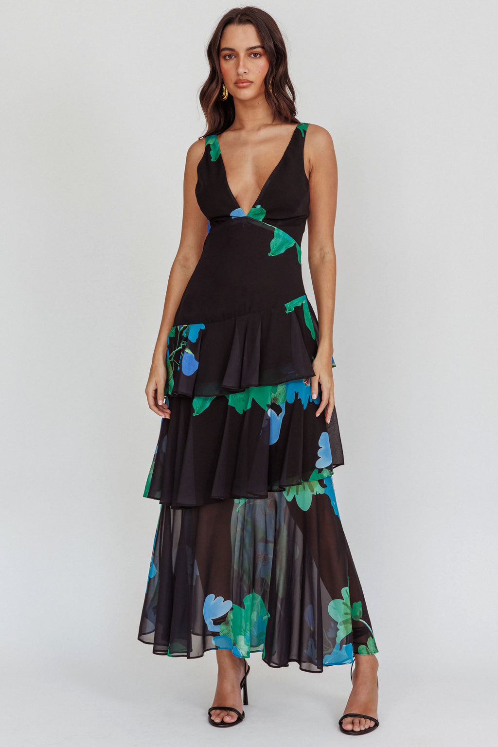 Veda Strappy Back Ruffle Maxi Dress Black by Selfie Leslie Australia