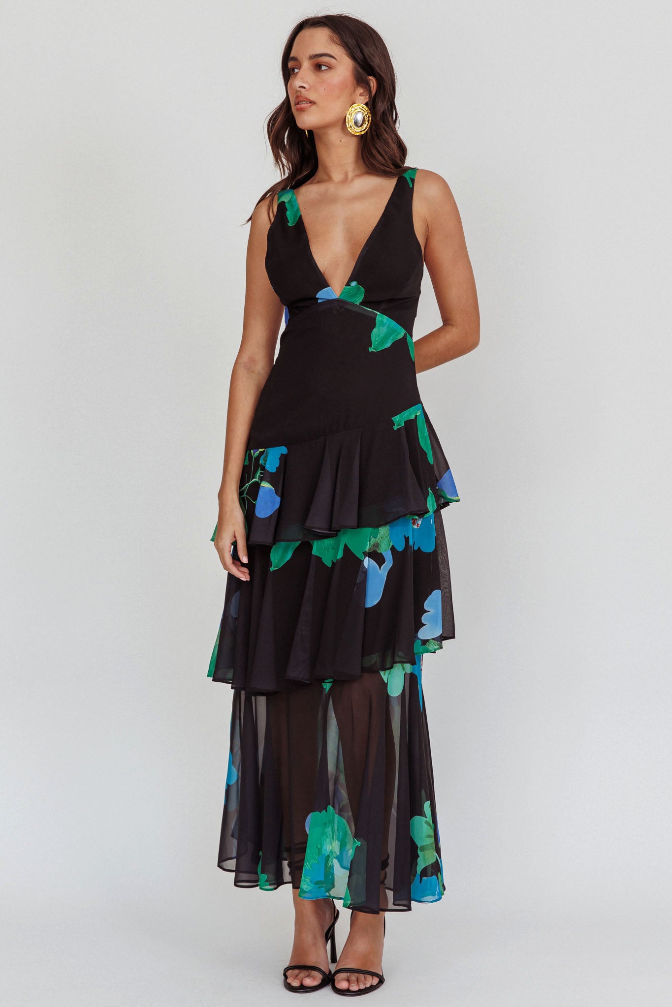 Veda Strappy Back Ruffle Maxi Dress Black by Selfie Leslie Australia