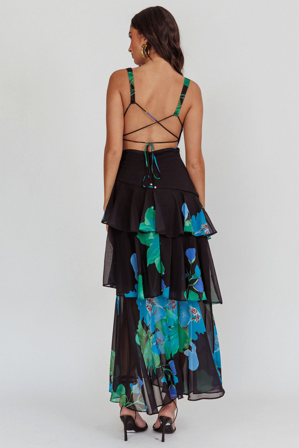 Veda Strappy Back Ruffle Maxi Dress Black by Selfie Leslie Australia