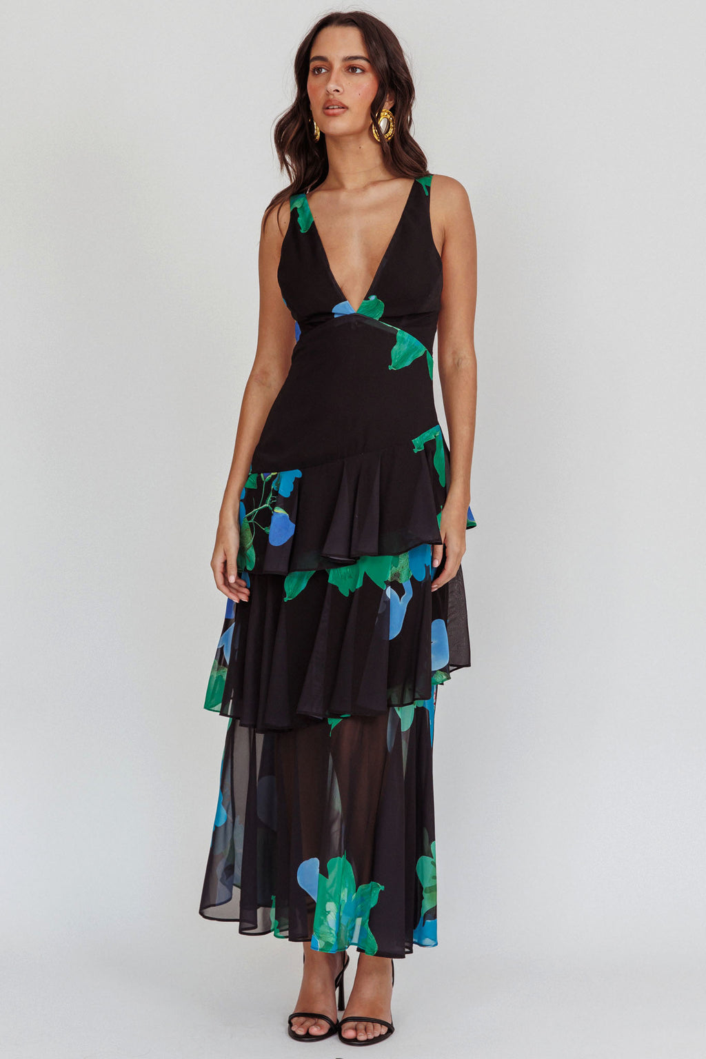 Veda Strappy Back Ruffle Maxi Dress Black by Selfie Leslie Australia