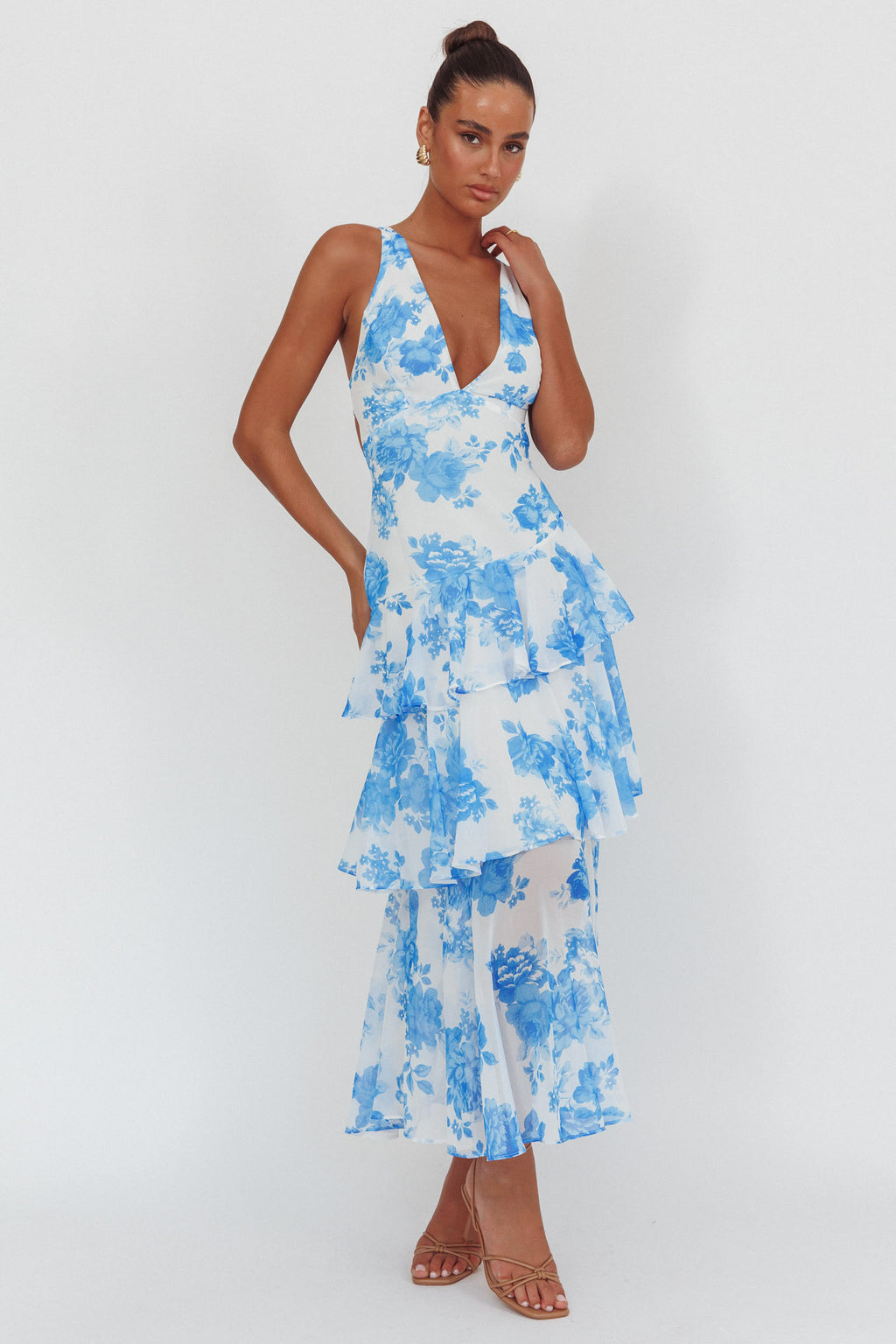 Veda Strappy Back Ruffle Maxi Dress Roses Blue by Selfie Leslie Australia