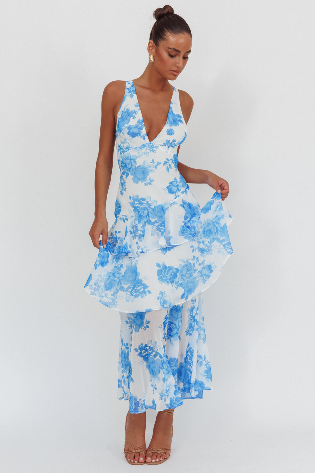 Veda Strappy Back Ruffle Maxi Dress Roses Blue by Selfie Leslie Australia