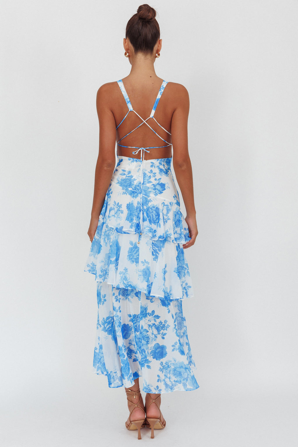 Veda Strappy Back Ruffle Maxi Dress Roses Blue by Selfie Leslie Australia