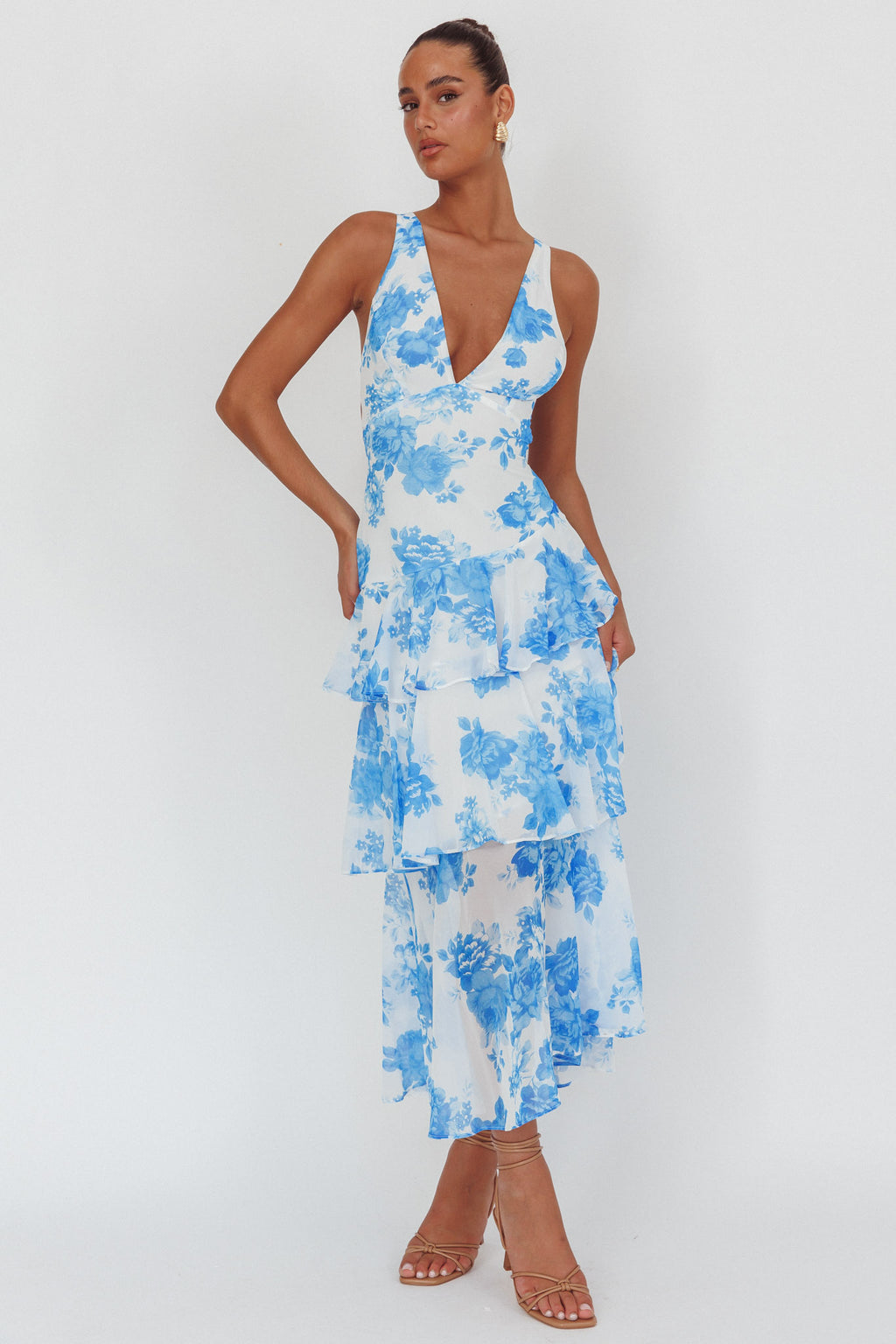 Veda Strappy Back Ruffle Maxi Dress Roses Blue by Selfie Leslie Australia