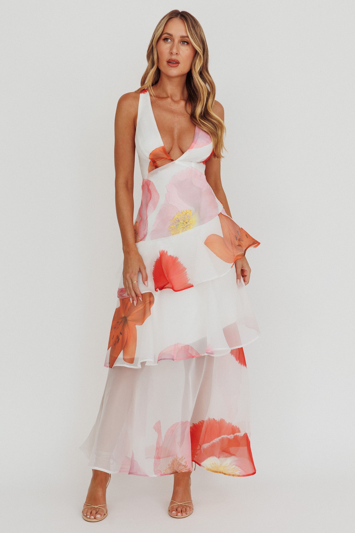 Veda Strappy Back Ruffle Maxi Dress Flowers Pink by Selfie Leslie Australia