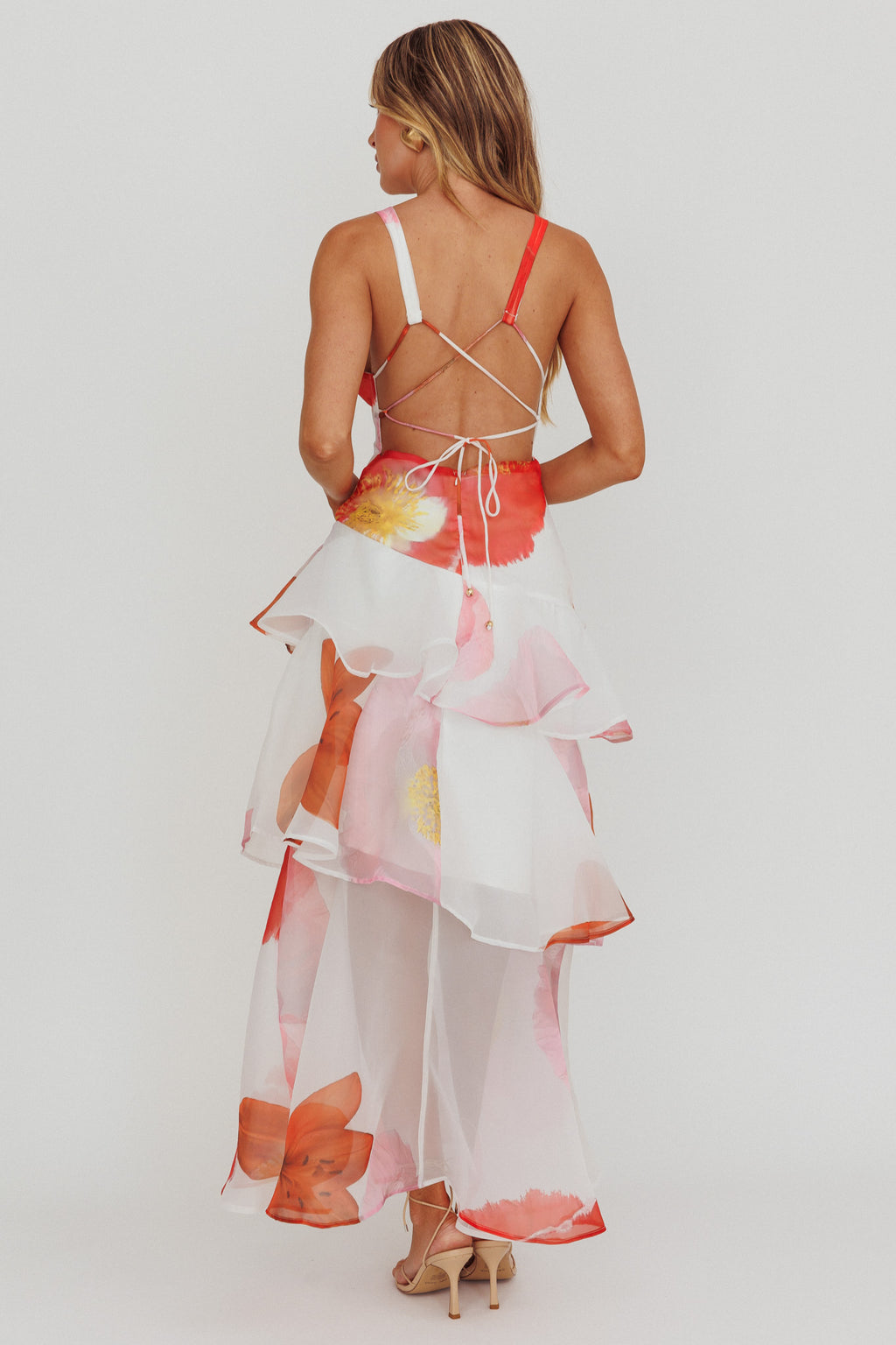 Veda Strappy Back Ruffle Maxi Dress Flowers Pink by Selfie Leslie Australia