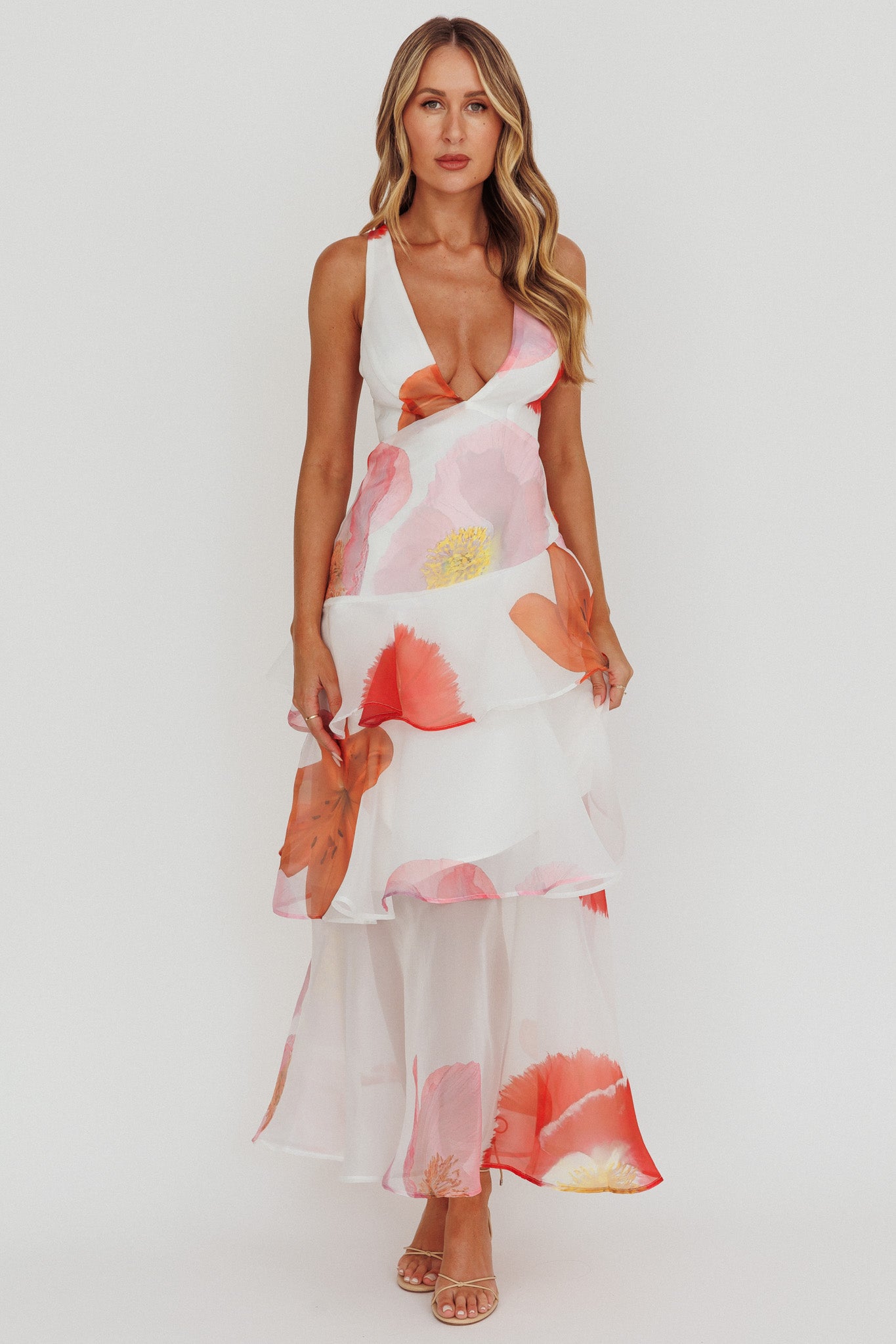 Veda Strappy Back Ruffle Maxi Dress Flowers Pink by Selfie Leslie Australia