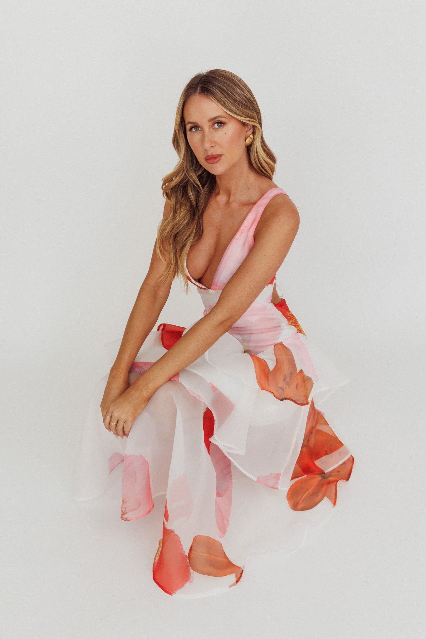 Veda Strappy Back Ruffle Maxi Dress Flowers Pink by Selfie Leslie Australia