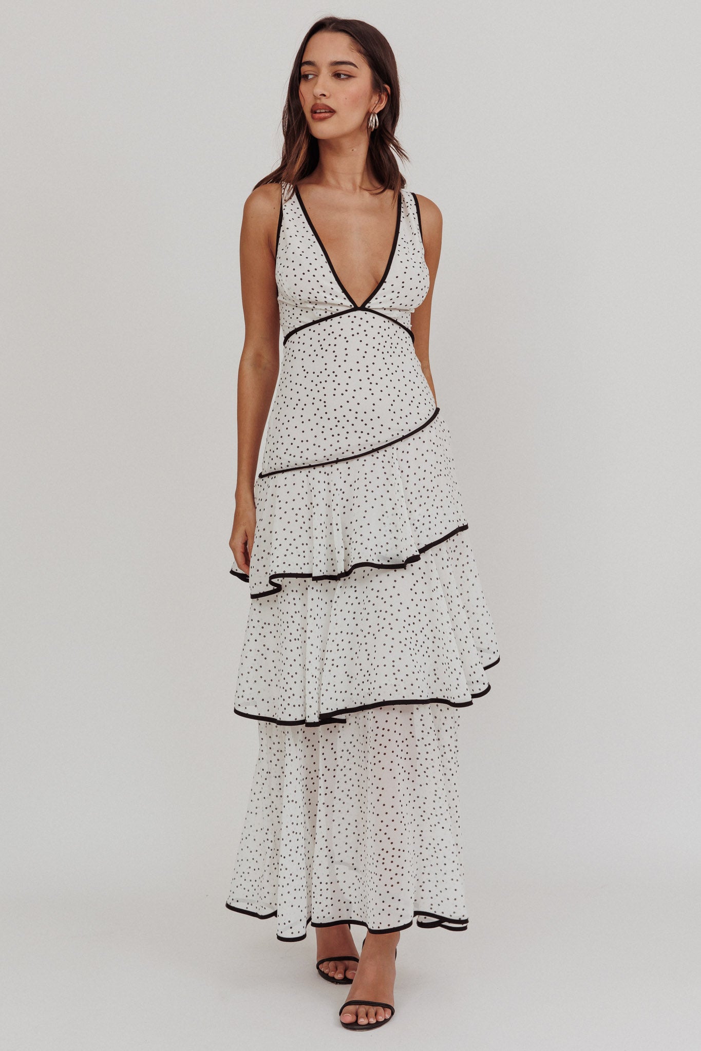 Veda Strappy Back Ruffle Maxi Dress Polka Dot White by Selfie Leslie Australia
