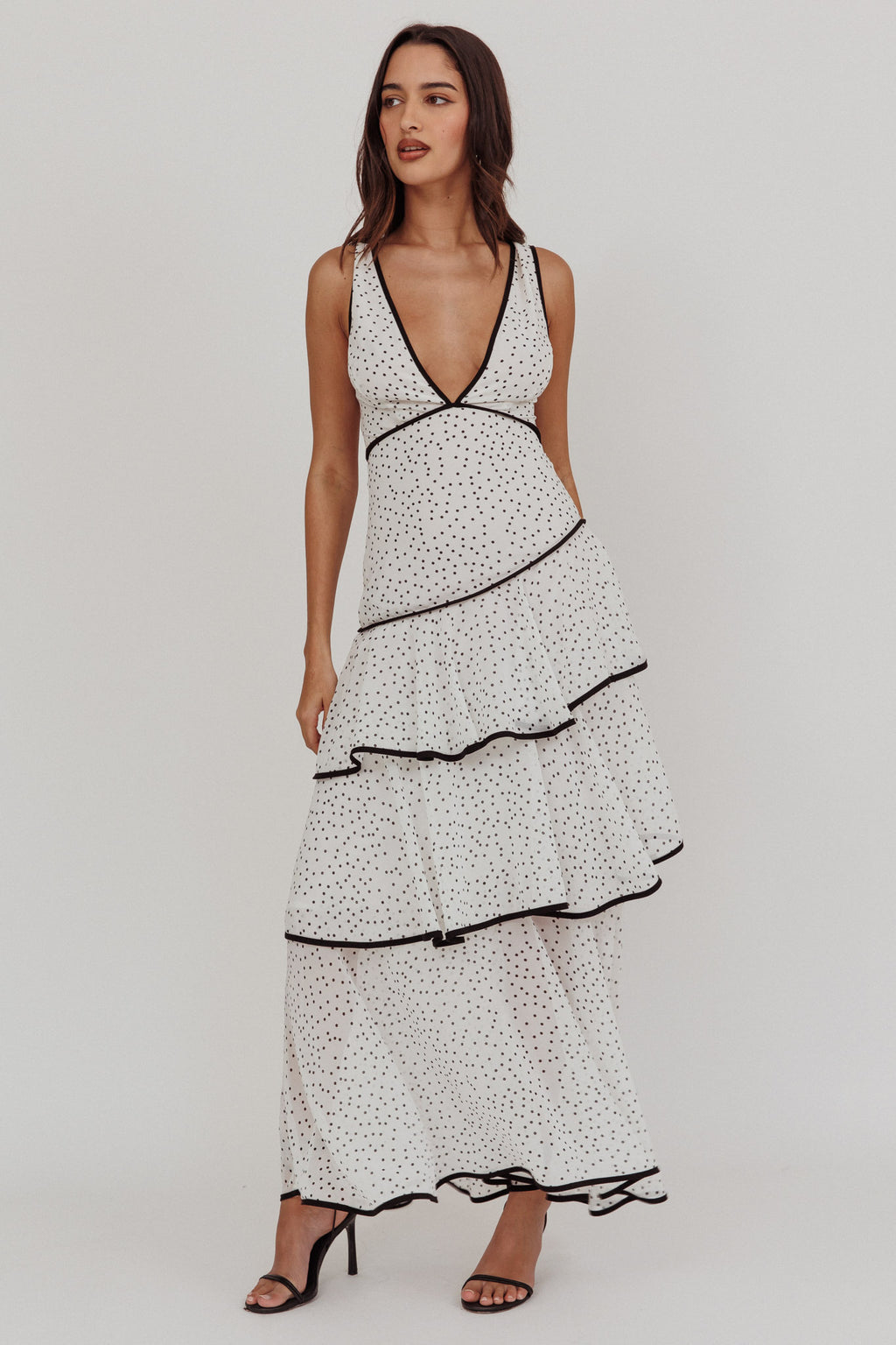 Veda Strappy Back Ruffle Maxi Dress Polka Dot White by Selfie Leslie Australia