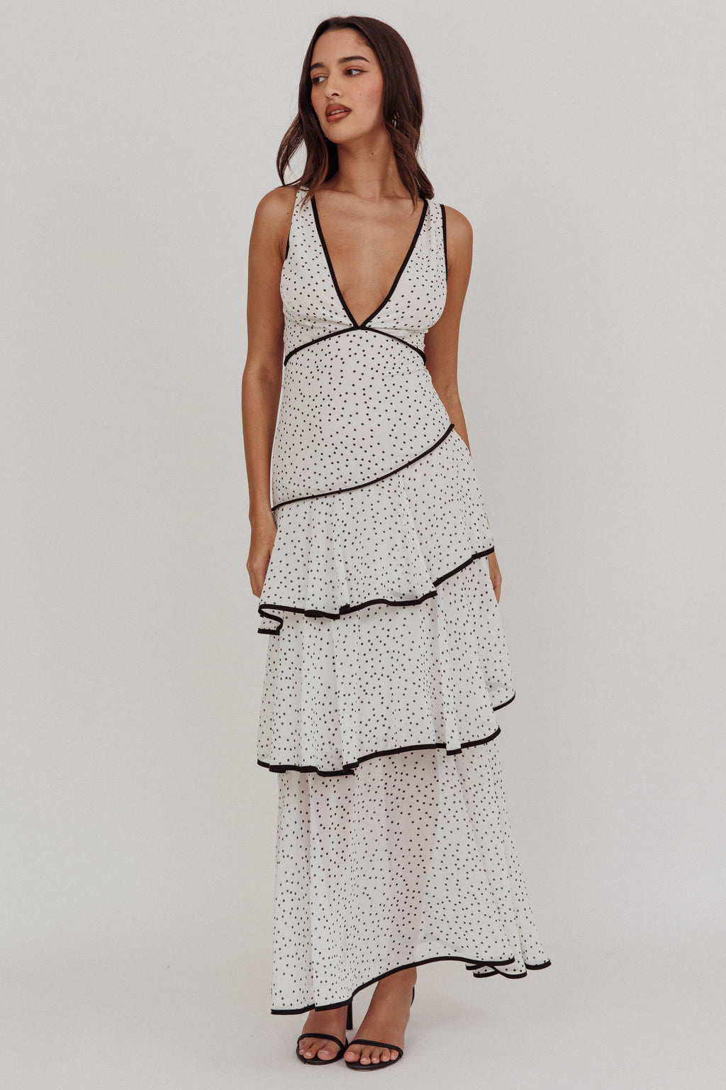 Veda Strappy Back Ruffle Maxi Dress Polka Dot White by Selfie Leslie Australia