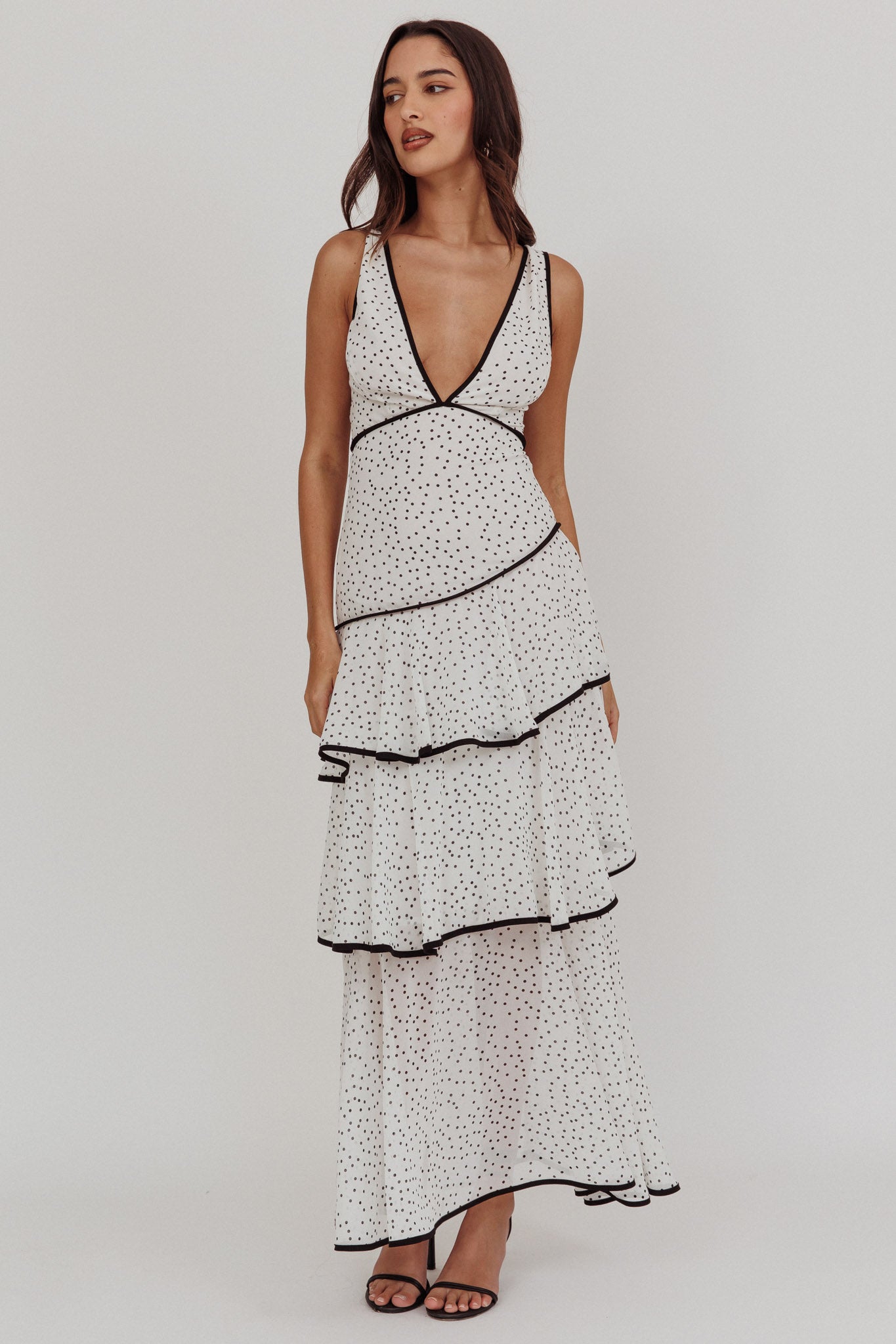 Veda Strappy Back Ruffle Maxi Dress Polka Dot White by Selfie Leslie Australia