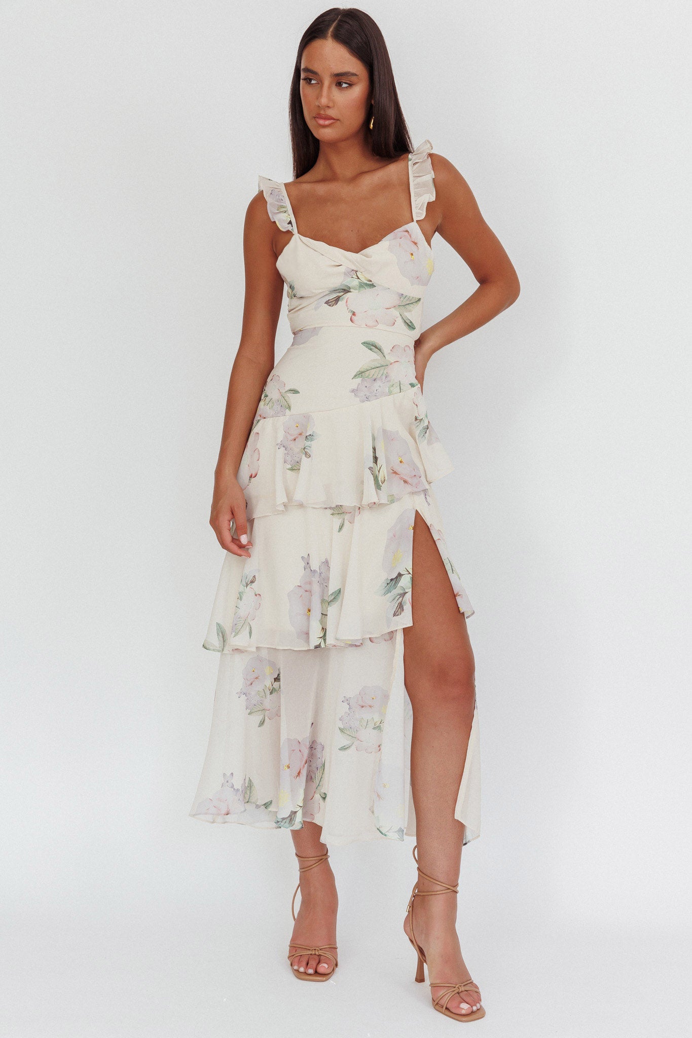 Veda Ruffle Strap Split Maxi Dress Magnolia Cream by Selfie Leslie Australia