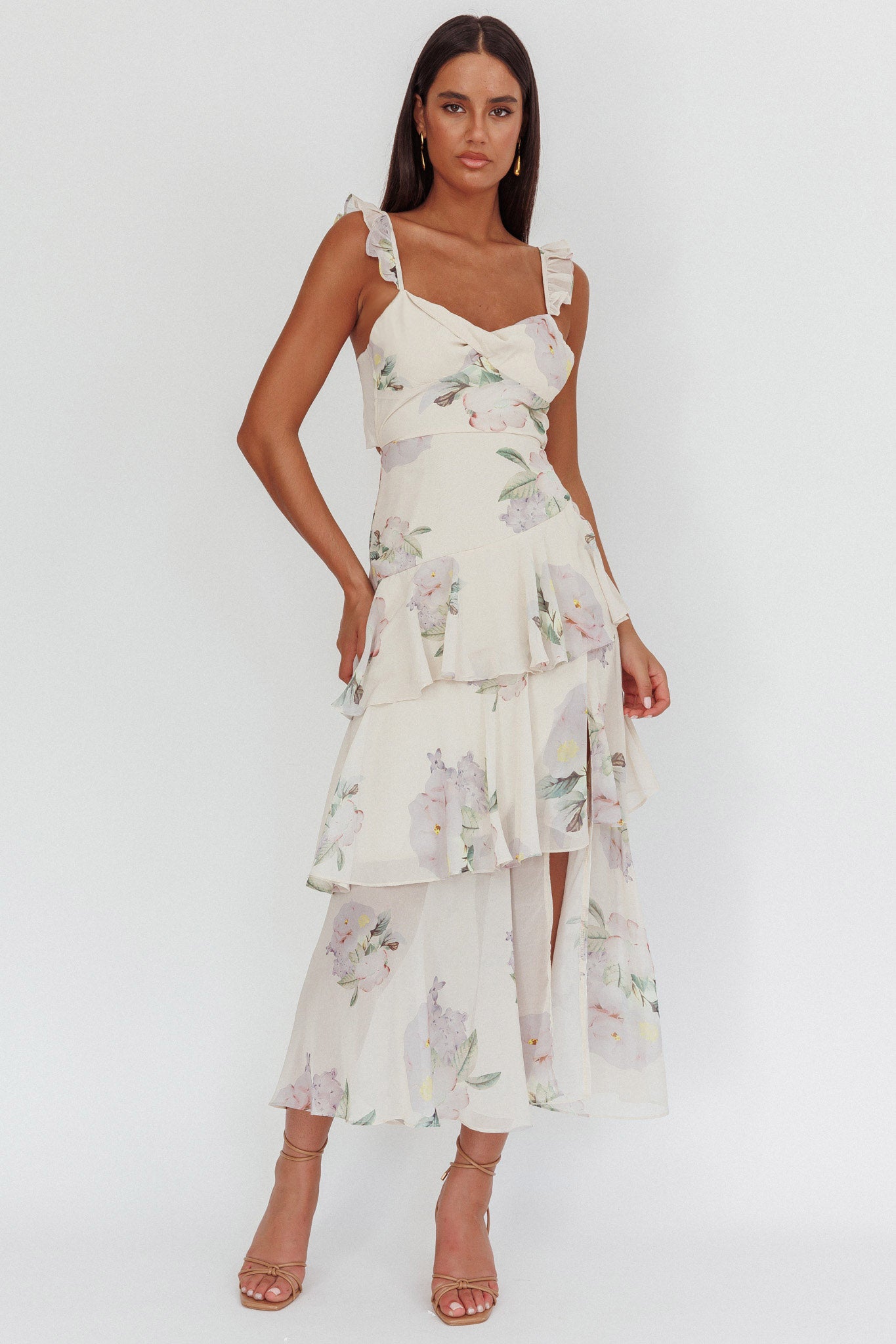 Veda Ruffle Strap Split Maxi Dress Magnolia Cream by Selfie Leslie Australia